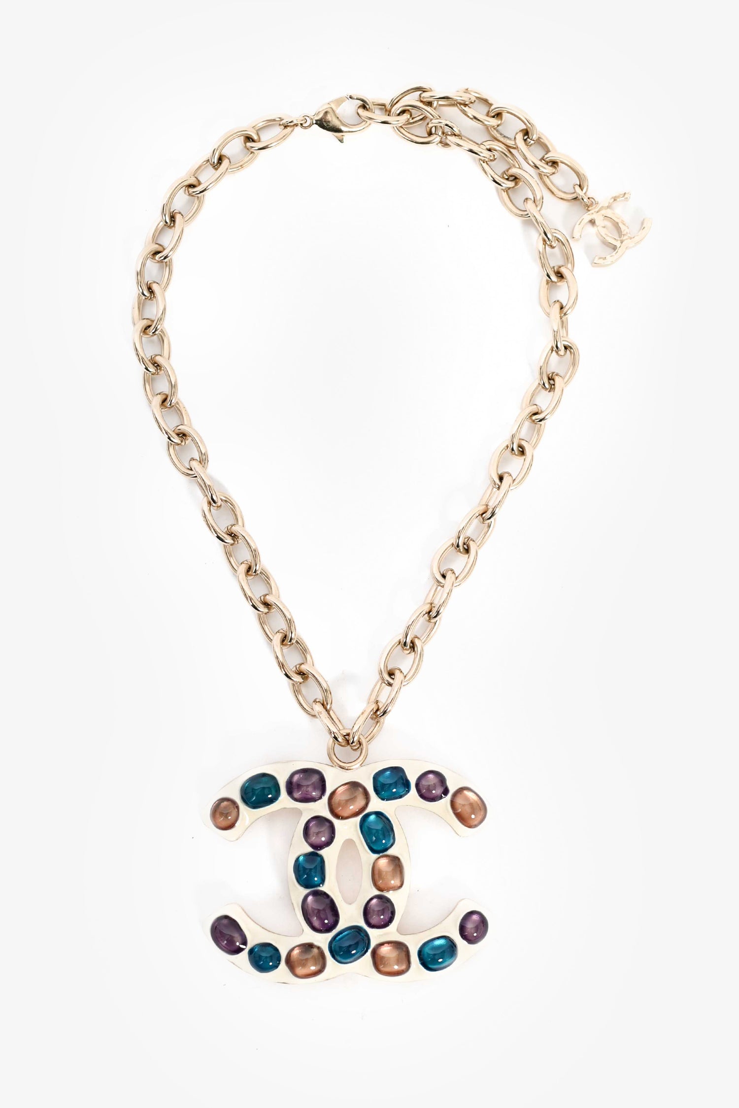 Chanel™ 2018 Gold Toned Chain Necklace with Large Multicolour Stone CC Pendant