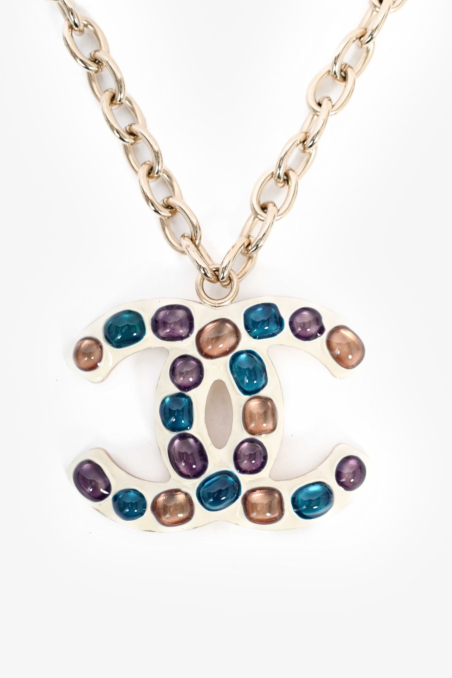 Chanel™ 2018 Gold Toned Chain Necklace with Large Multicolour Stone CC Pendant