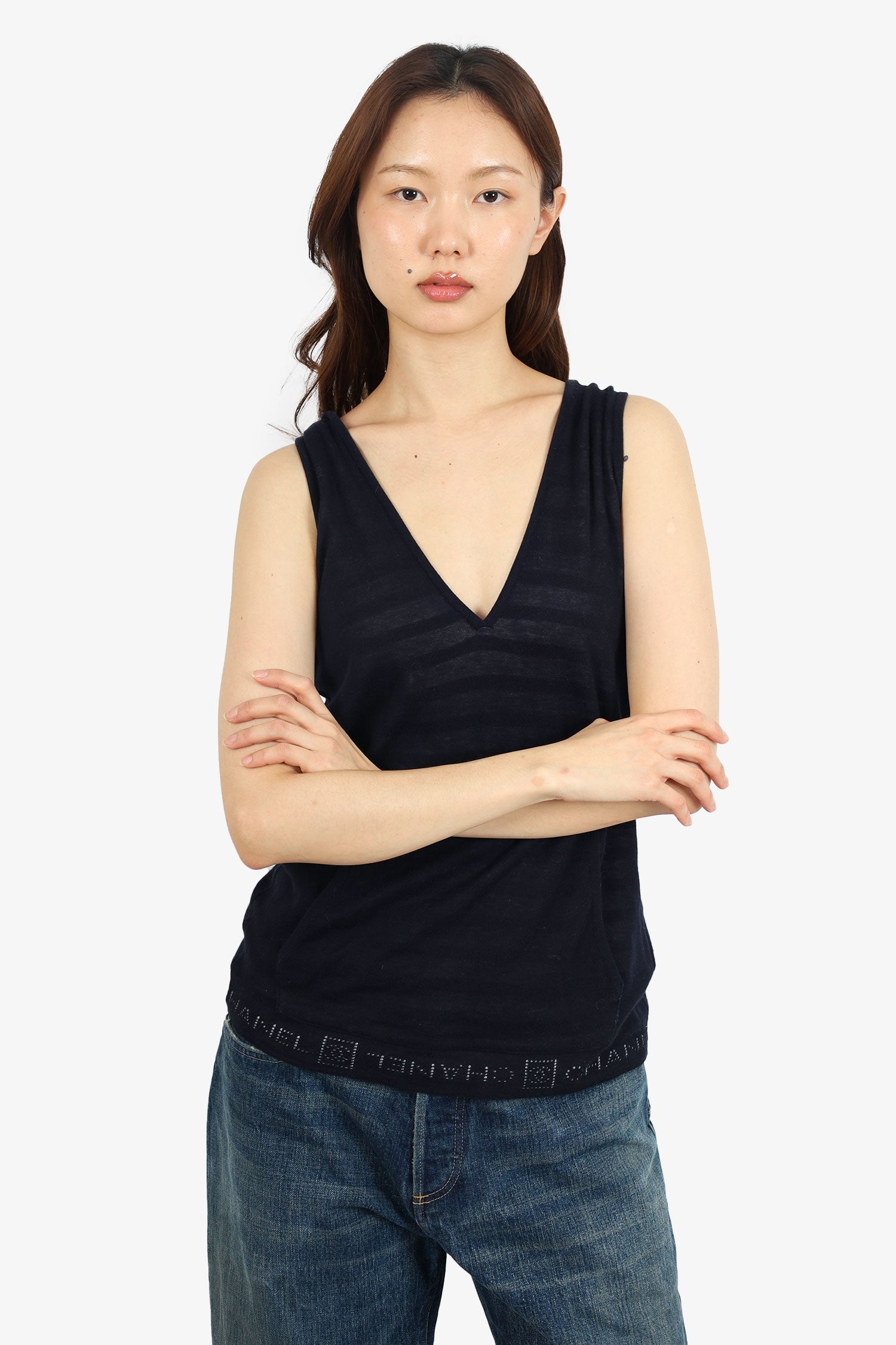 Chanel™ 09P Navy Striped Striped Sleeveless Hoodie Size 34