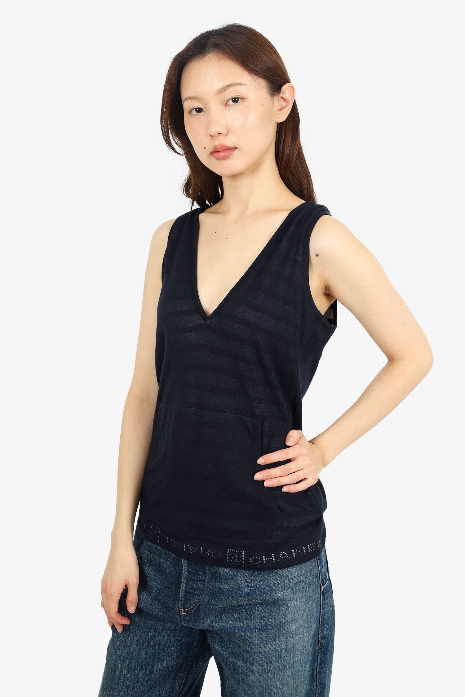 Chanel™ 09P Navy Striped Striped Sleeveless Hoodie Size 34