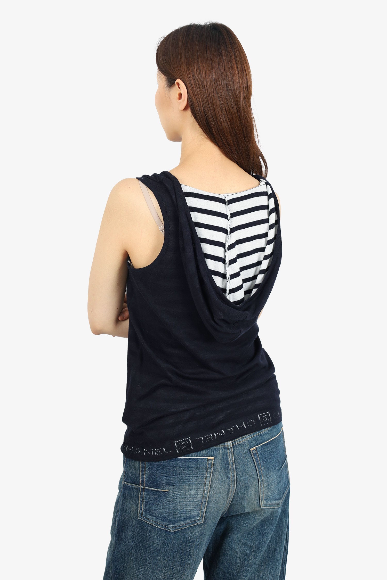 Chanel™ 09P Navy Striped Striped Sleeveless Hoodie Size 34