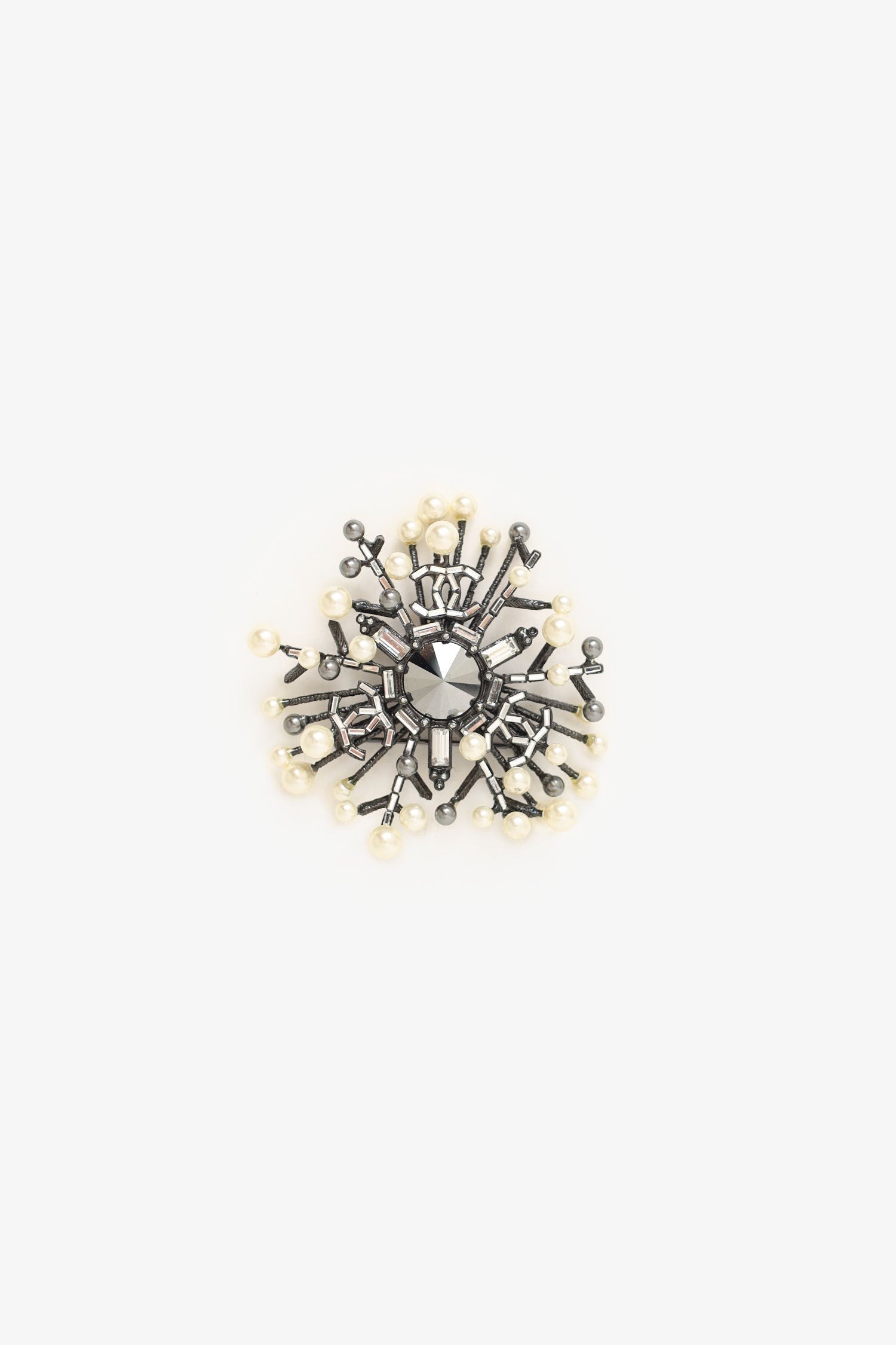 Chanel™ 2010 Black/Faux Pearl Silver CC Brooch