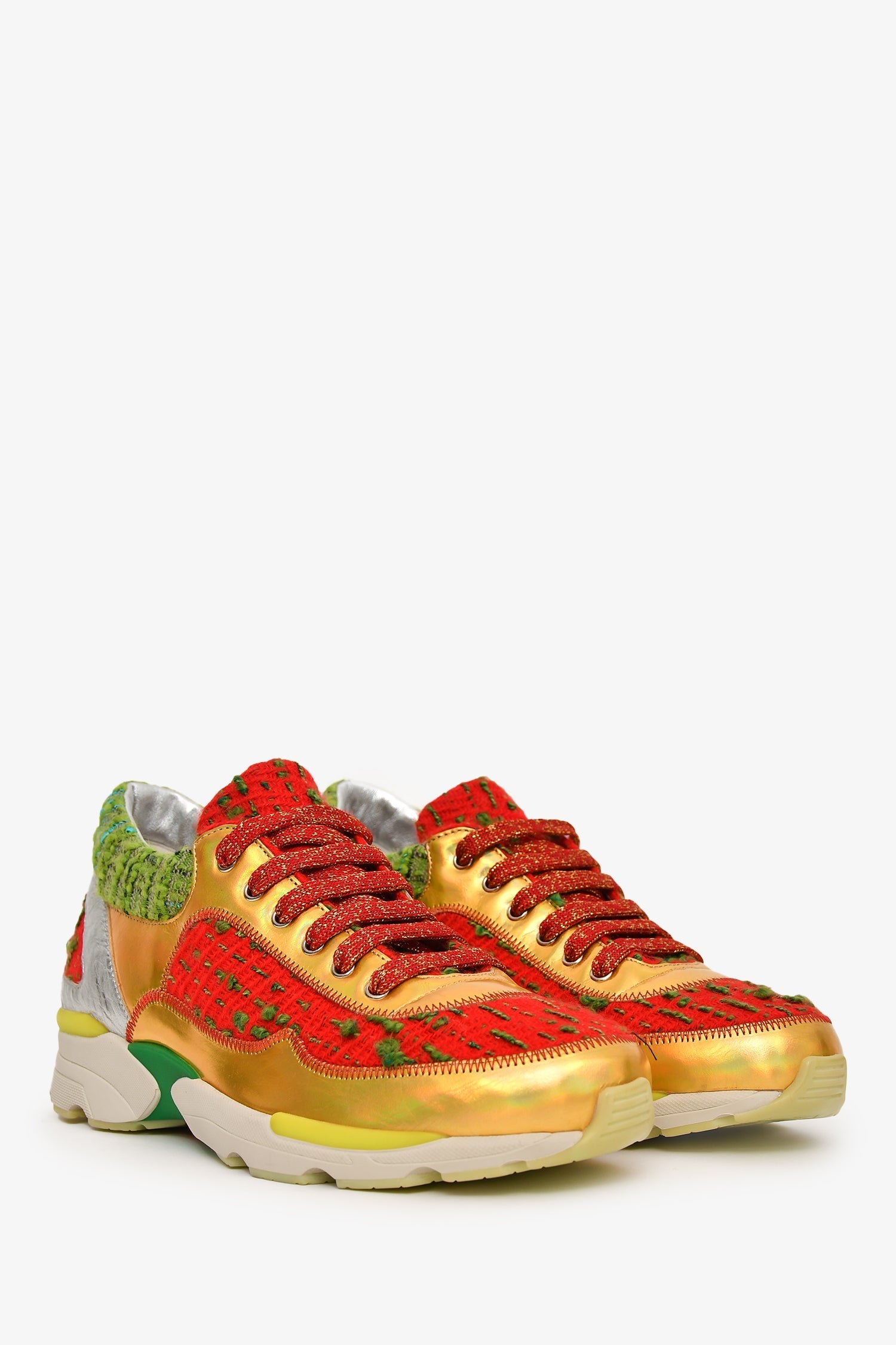 Chanel™ Red/Green Tweed Gold Metallic Sneakers Size 36