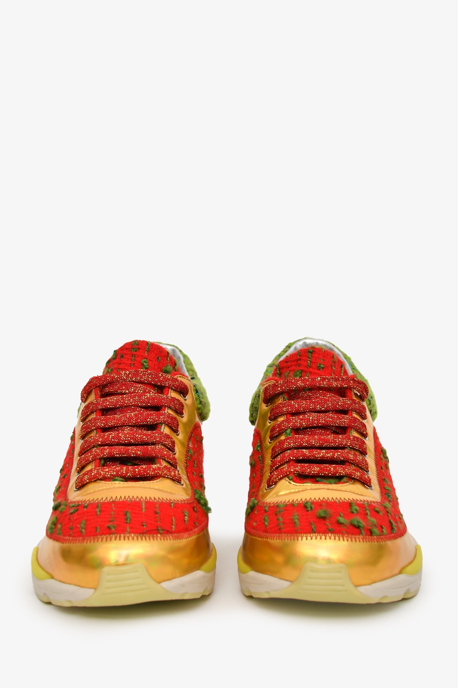 Chanel™ Red/Green Tweed Gold Metallic Sneakers Size 36