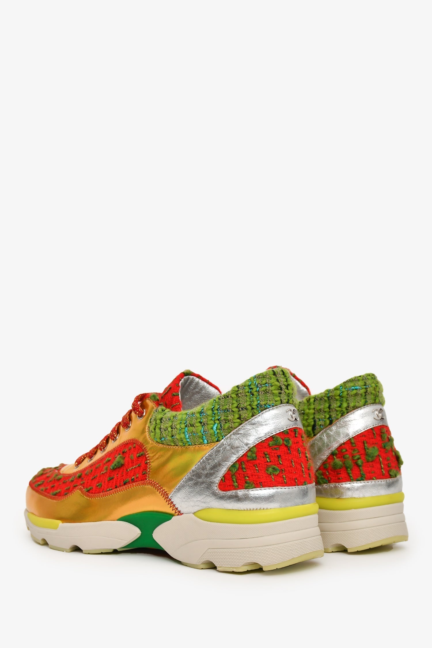 Chanel™ Red/Green Tweed Gold Metallic Sneakers Size 36