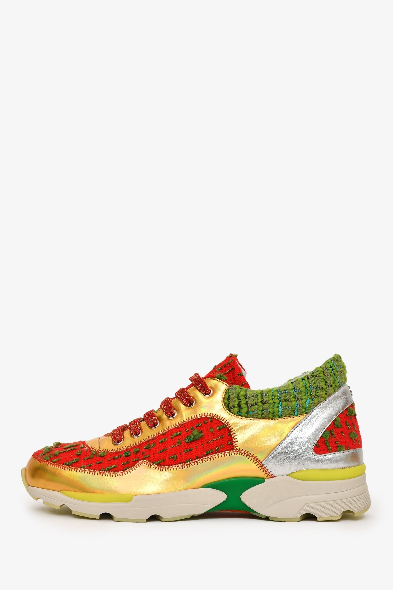 Chanel™ Red/Green Tweed Gold Metallic Sneakers Size 36