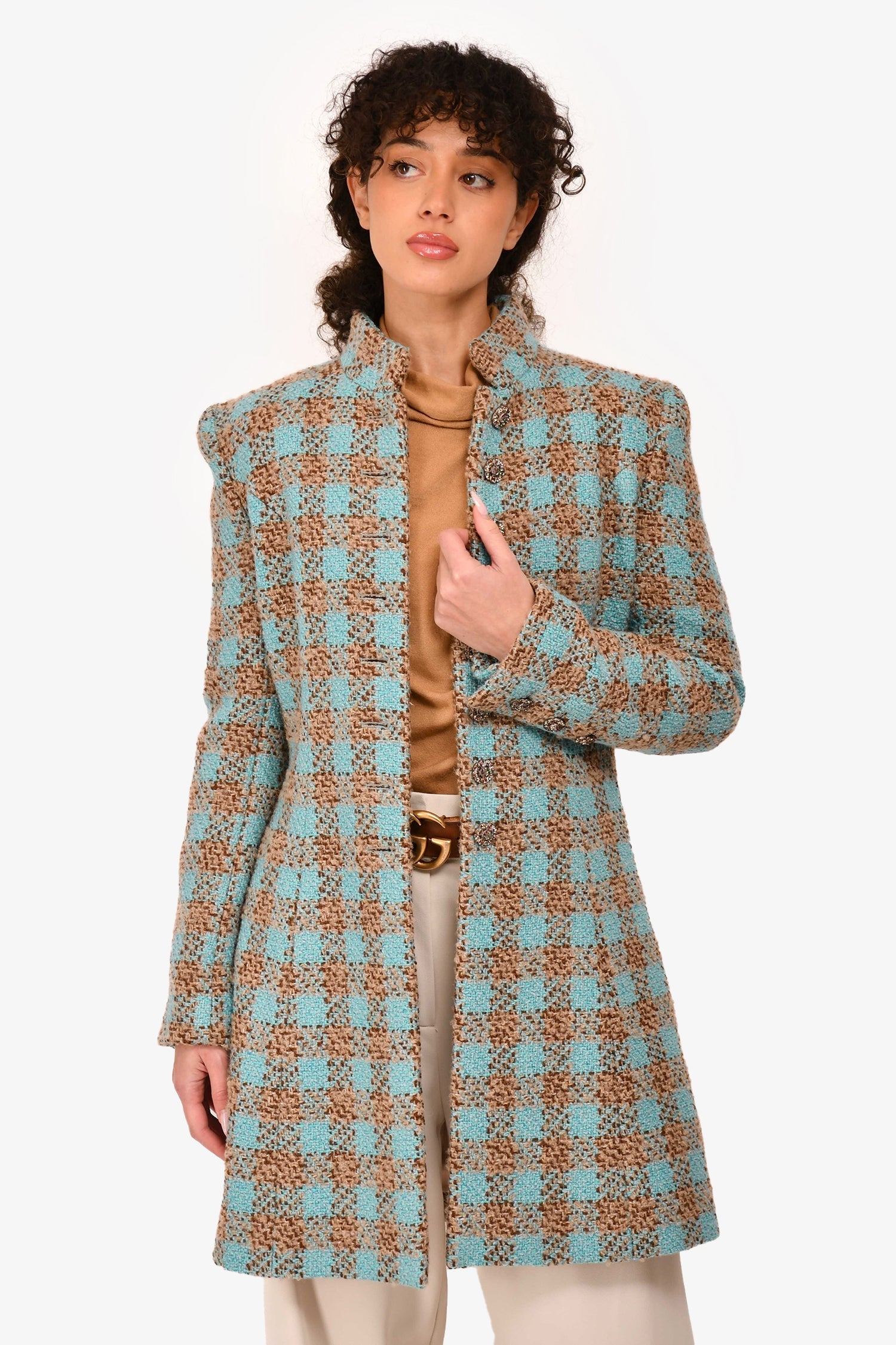 Chanel™ 2022 Blue/Brown Tweed Plaid Coat Size 38