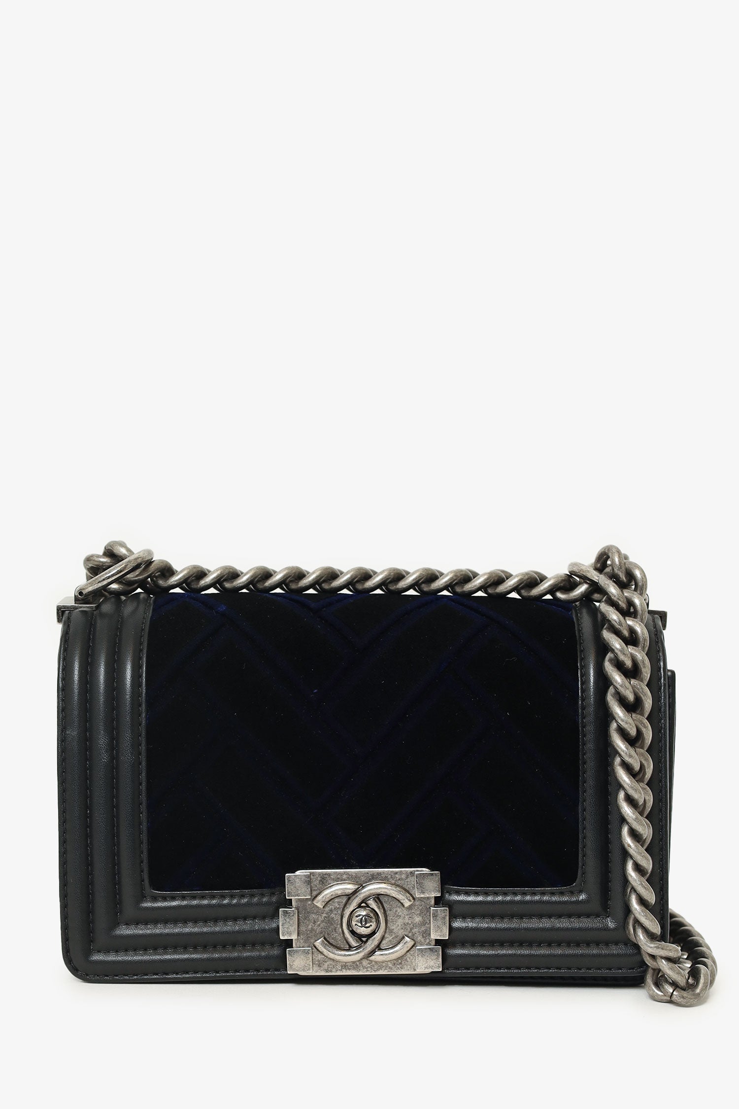 Chanel™ 2017 Black/Navy Velvet/Calfskin Small Boy Bag