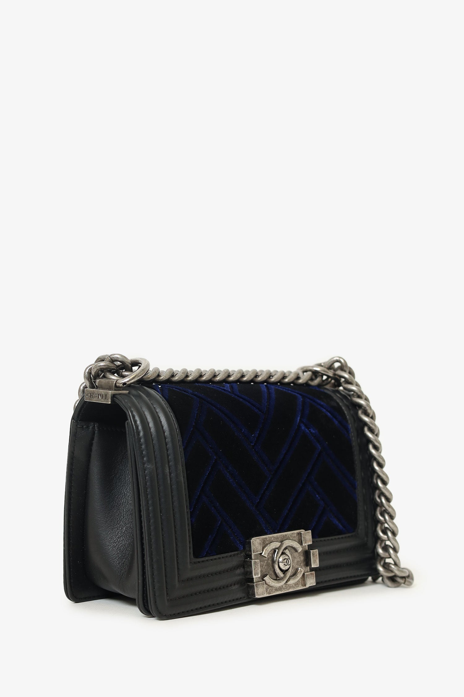 Chanel™ 2017 Black/Navy Velvet/Calfskin Small Boy Bag