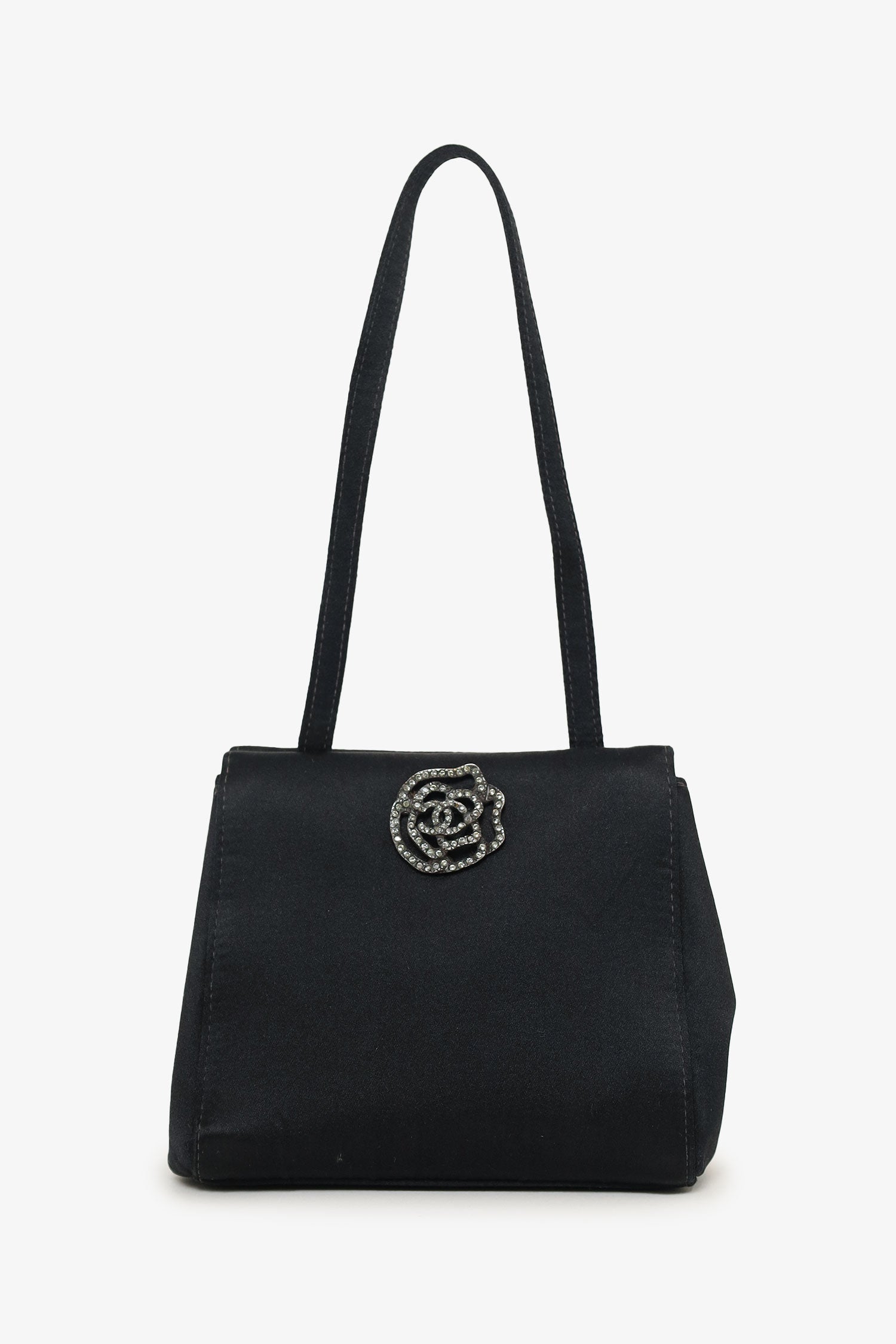 Chanel™ 2000-02 Black Satin Crystal Mini Camellia Bag