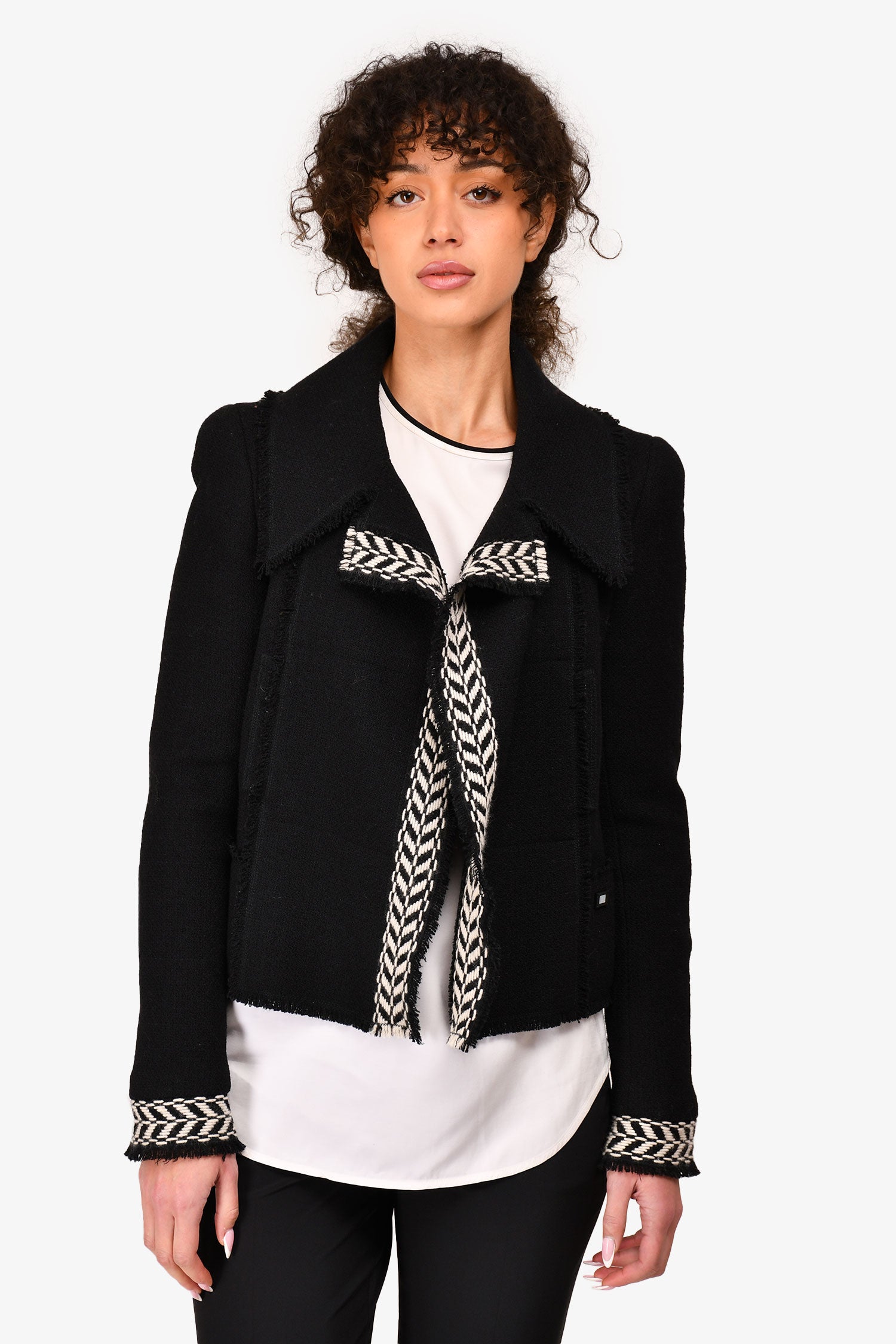 Chanel™ 2004 Black/White Wool Frayed Edge Jacket Size 36