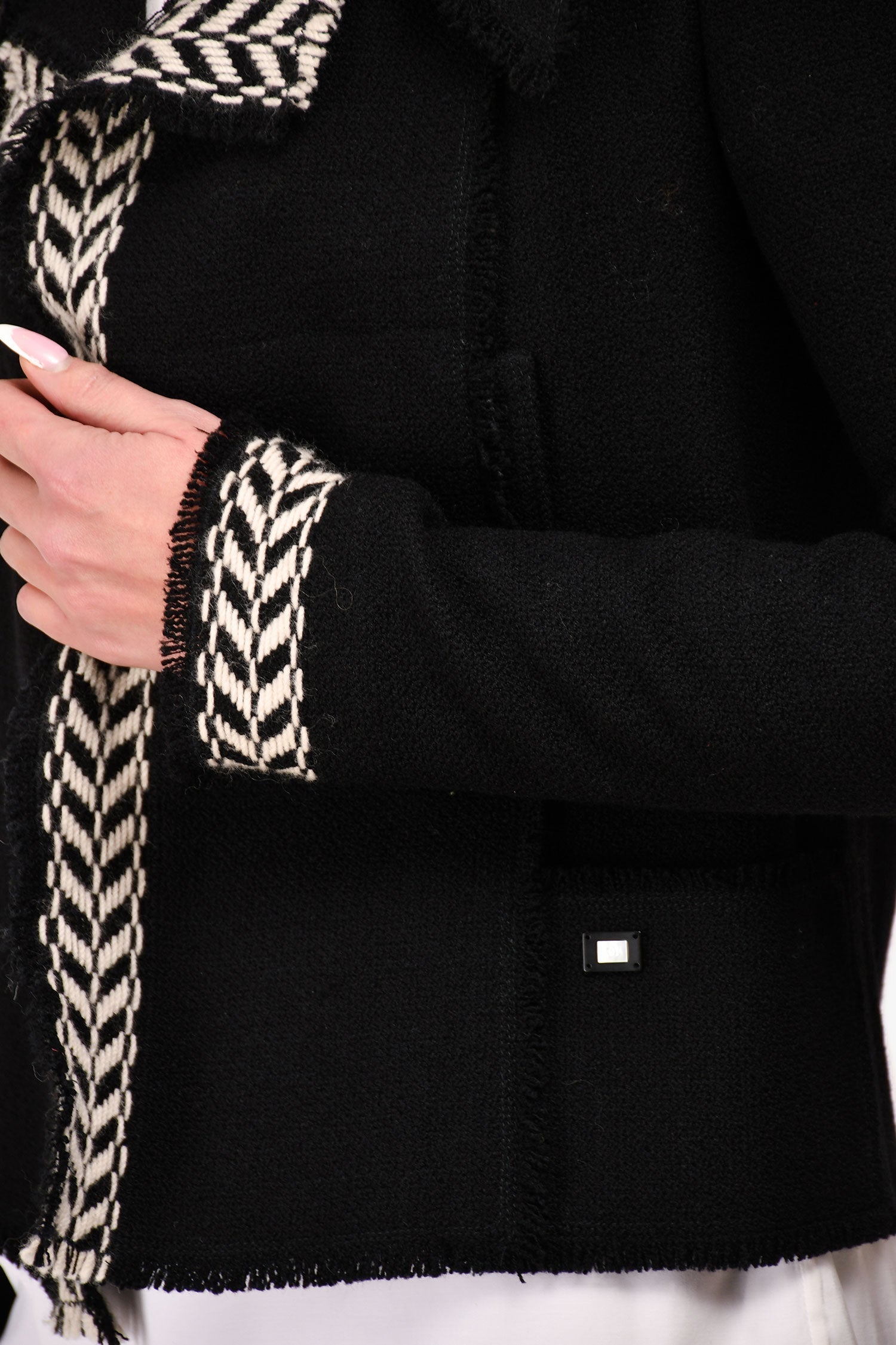 Chanel™ 2004 Black/White Wool Frayed Edge Jacket Size 36