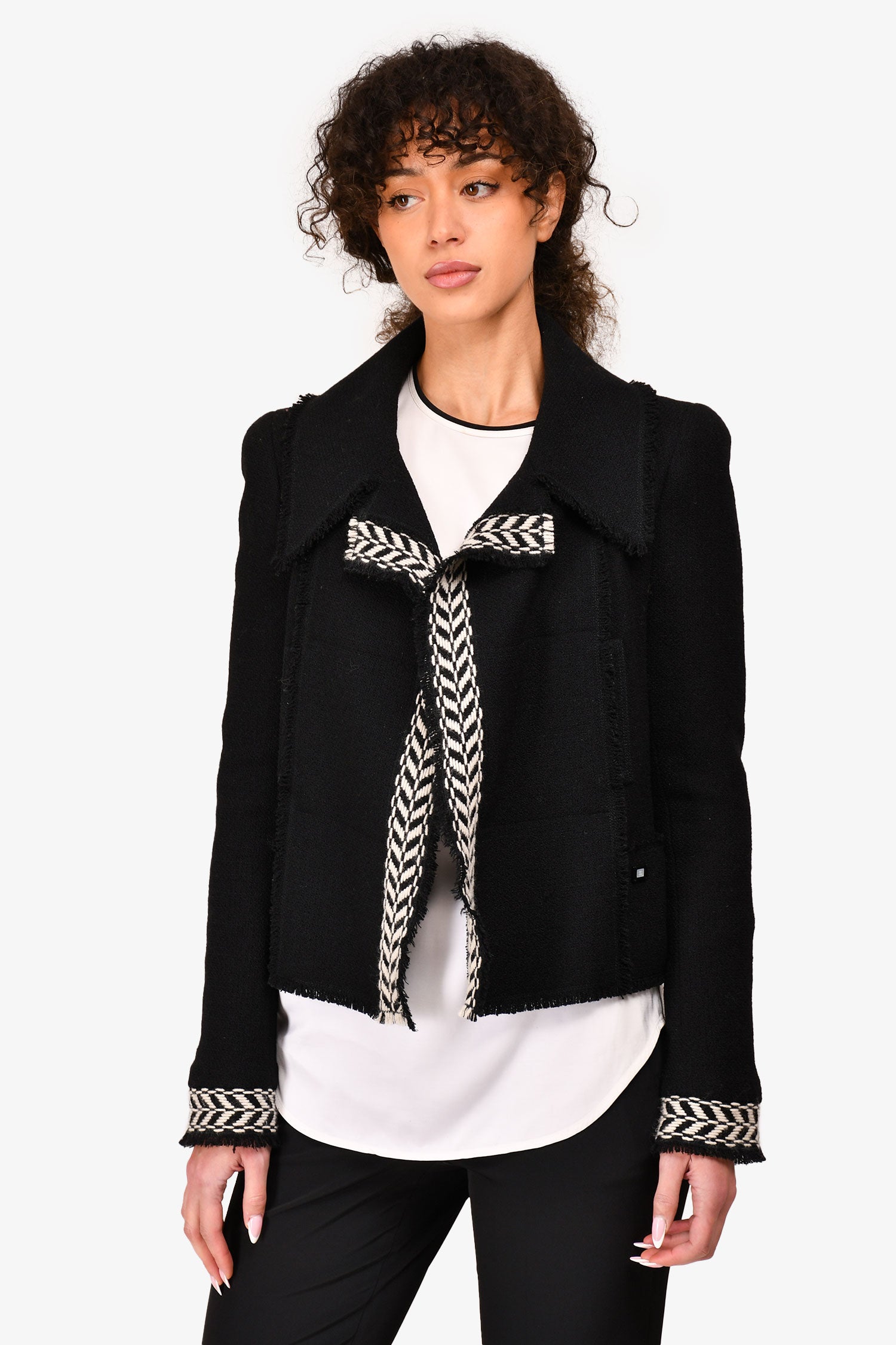 Chanel™ 2004 Black/White Wool Frayed Edge Jacket Size 36