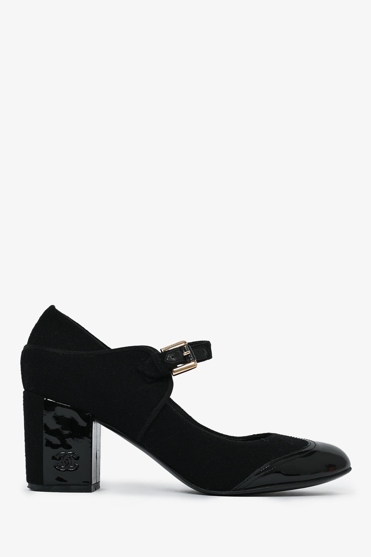 Chanel™ Black Fabric/Patent Leather Mary Jane Heels Size 38.5