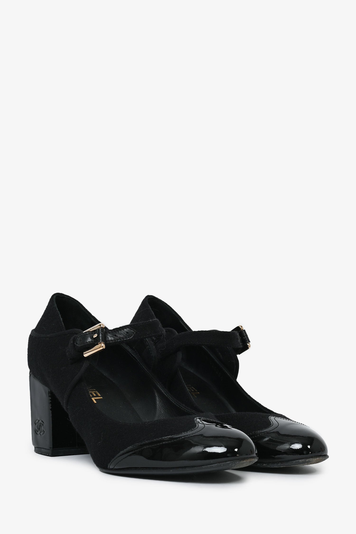 Chanel™ Black Fabric/Patent Leather Mary Jane Heels Size 38.5