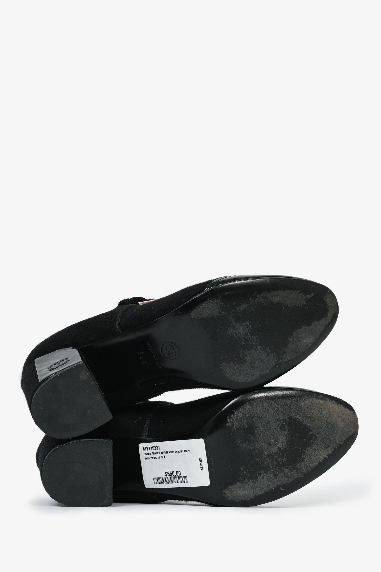 Chanel™ Black Fabric/Patent Leather Mary Jane Heels Size 38.5