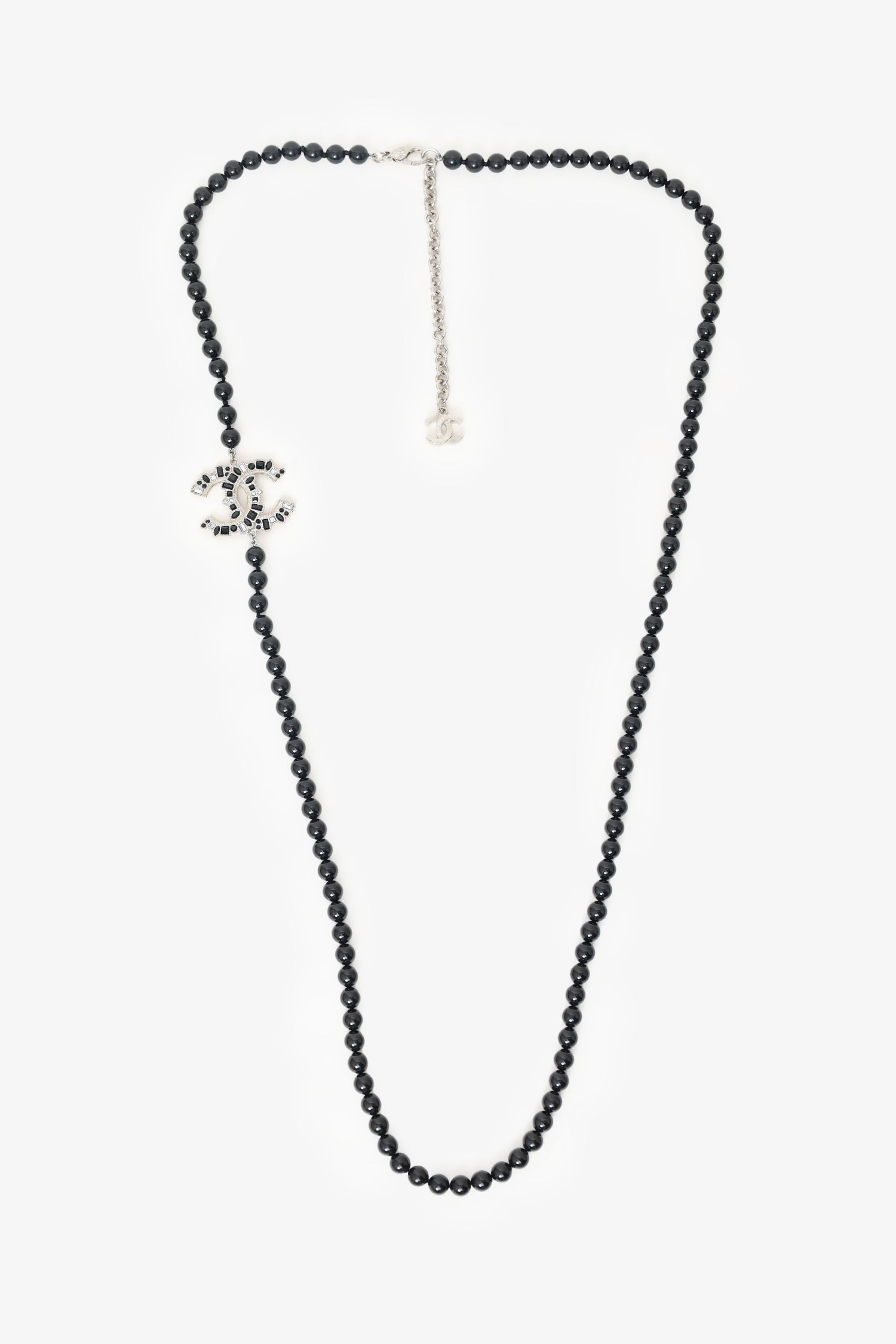 Chanel™ 16K Black Faux Pearls and Crystal Embellished Metal CC Long Necklace