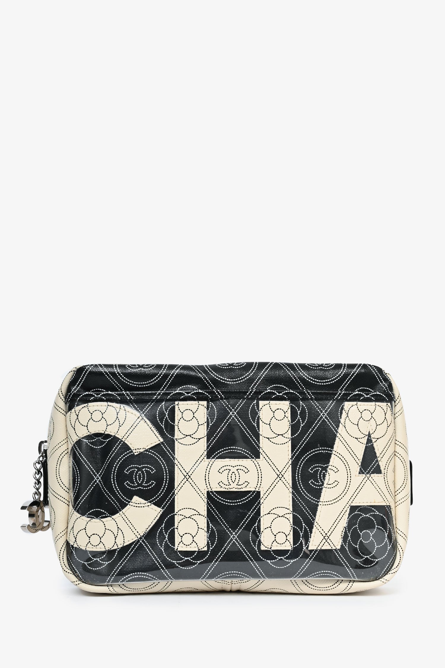 Chanel™ 2017/18 Black/White Coated Canvas Camellia Logo Camera Bag with Strap