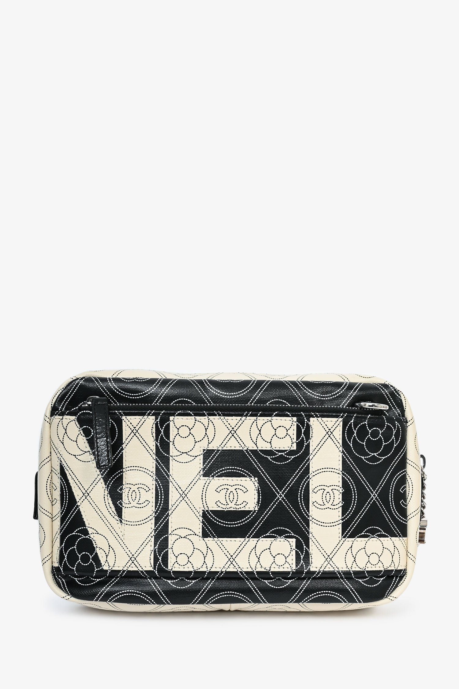 Chanel™ 2017/18 Black/White Coated Canvas Camellia Logo Camera Bag with Strap