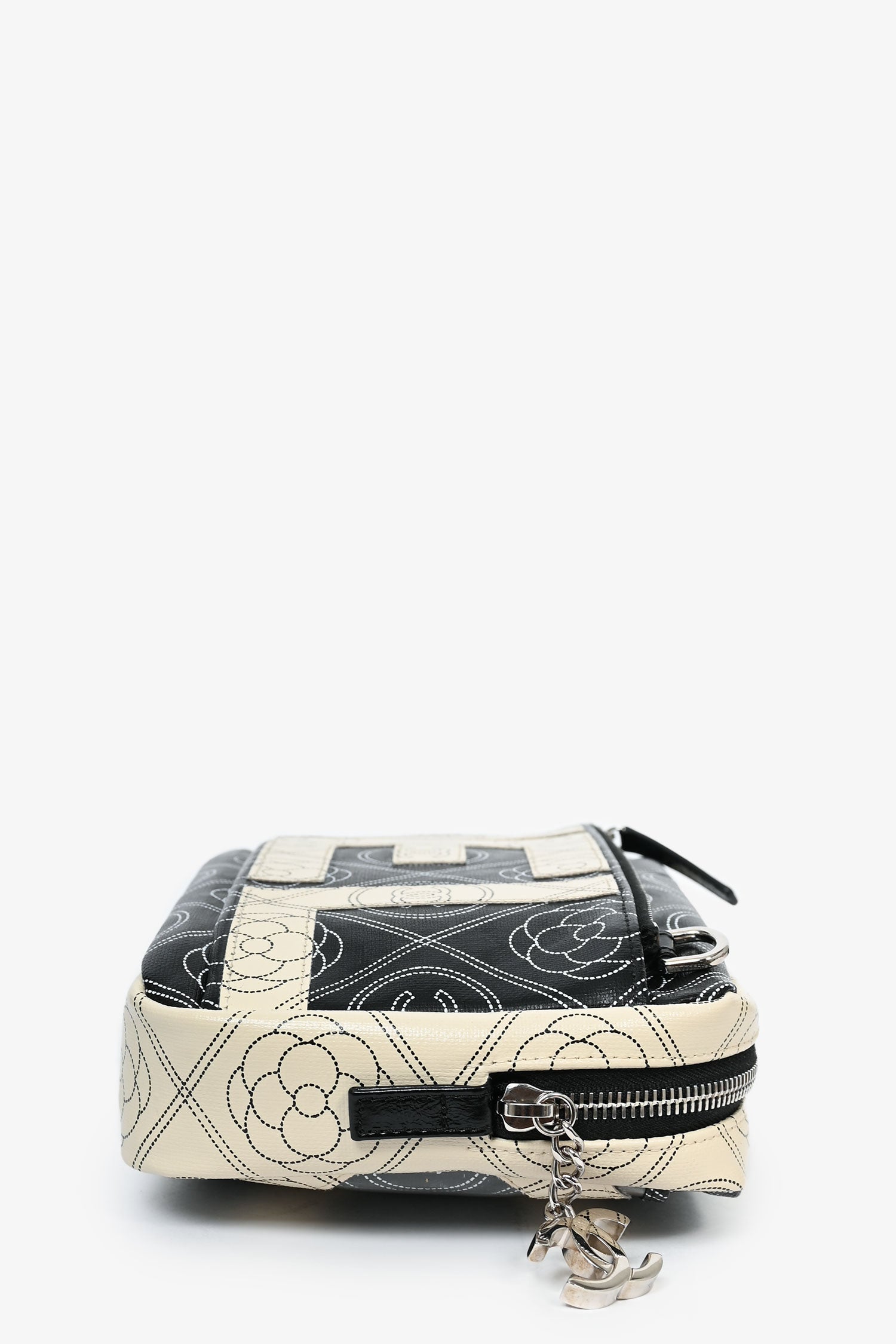 Chanel™ 2017/18 Black/White Coated Canvas Camellia Logo Camera Bag with Strap