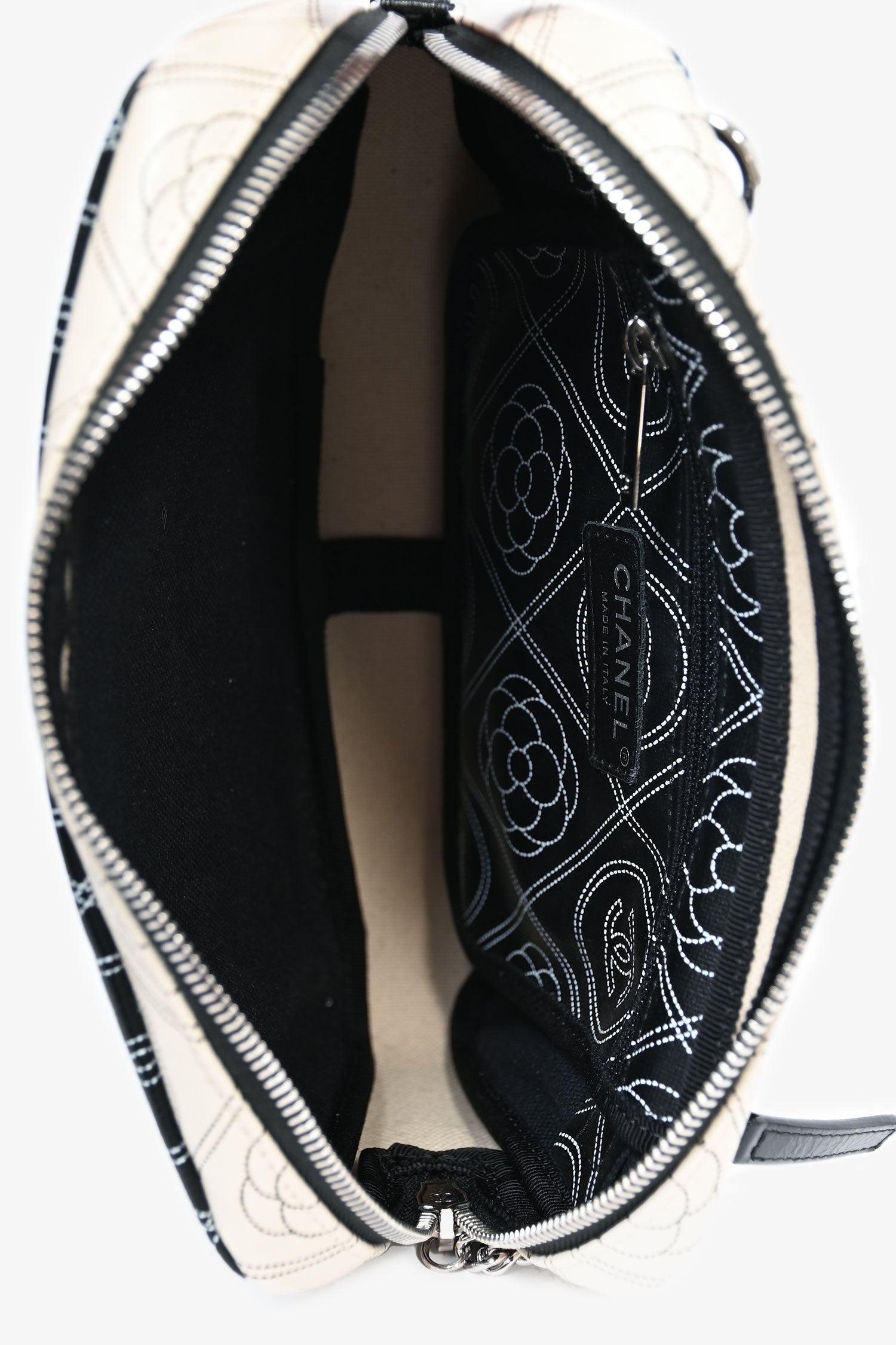 Chanel™ 2017/18 Black/White Coated Canvas Camellia Logo Camera Bag with Strap