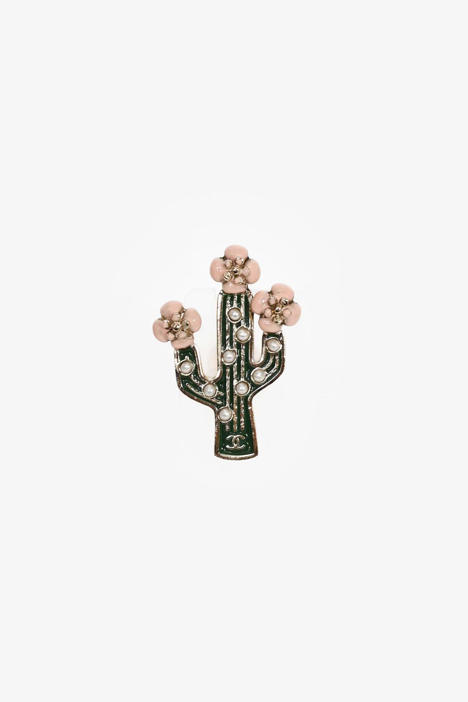 Chanel™ 2017 Green/Pink Enamel Gold Toned Cactus Brooch Pin