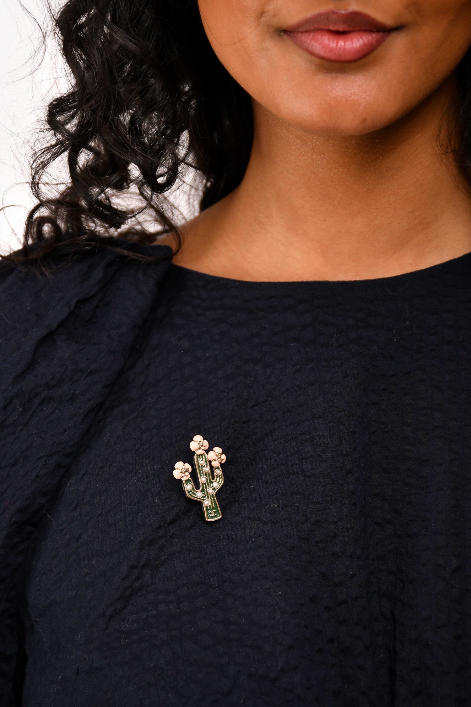 Chanel™ 2017 Green/Pink Enamel Gold Toned Cactus Brooch Pin