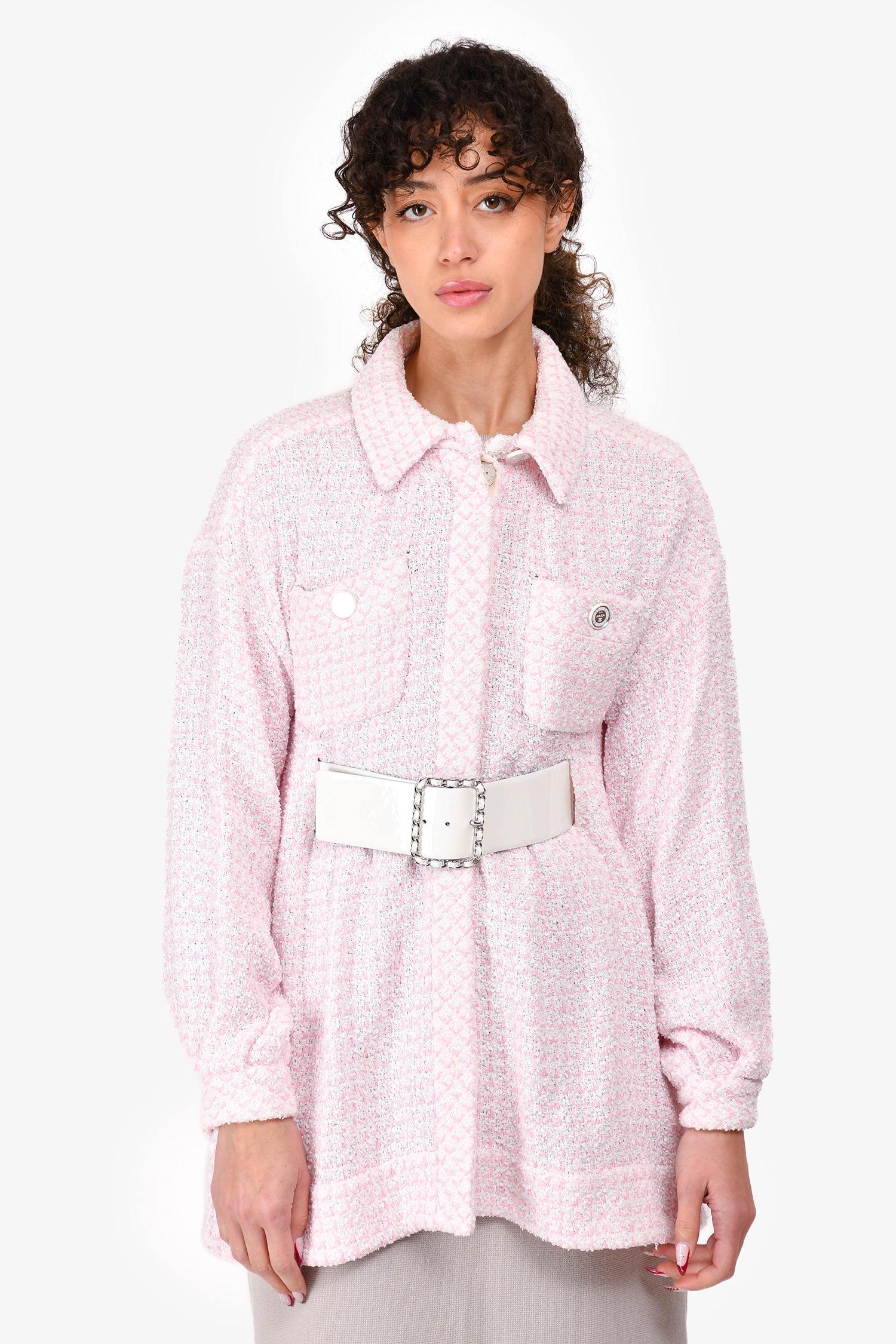 Chanel™ 2019 Pink/White Tweed Logo Belted Dress Size 38