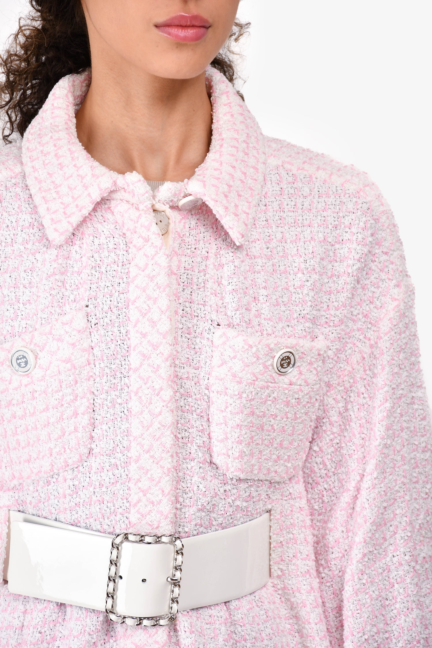 Chanel™ 2019 Pink/White Tweed Logo Belted Dress Size 38