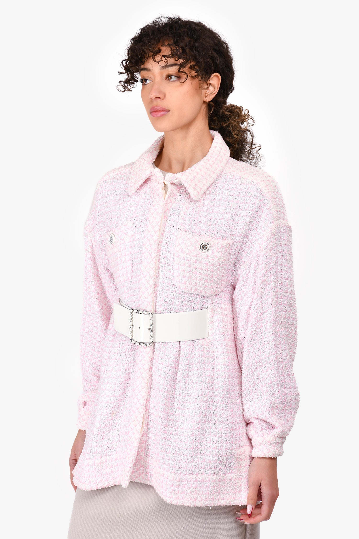 Chanel™ 2019 Pink/White Tweed Logo Belted Dress Size 38