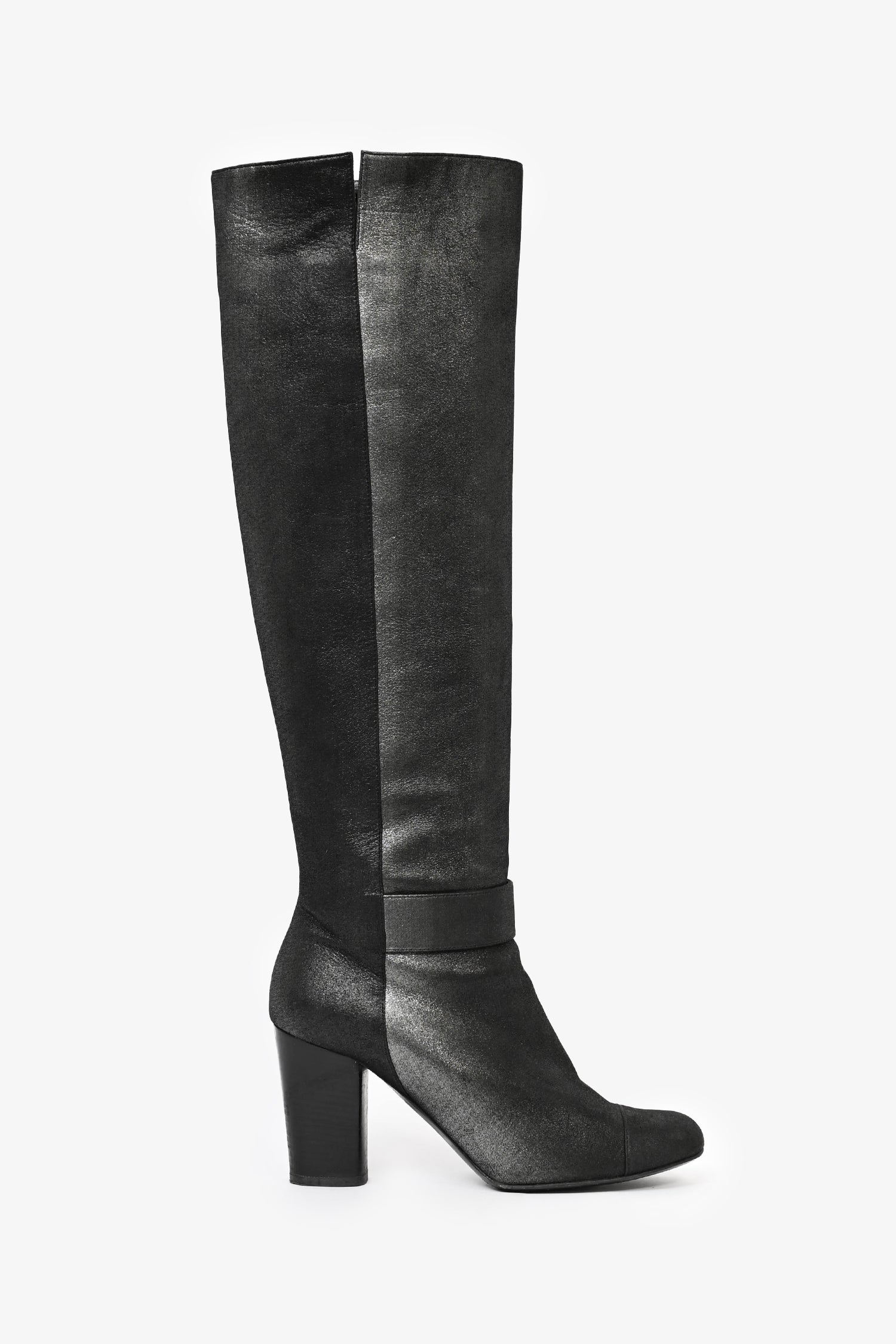 Chanel™ Metallic Black Suede High Knee Heeled Boots Size 39.5
