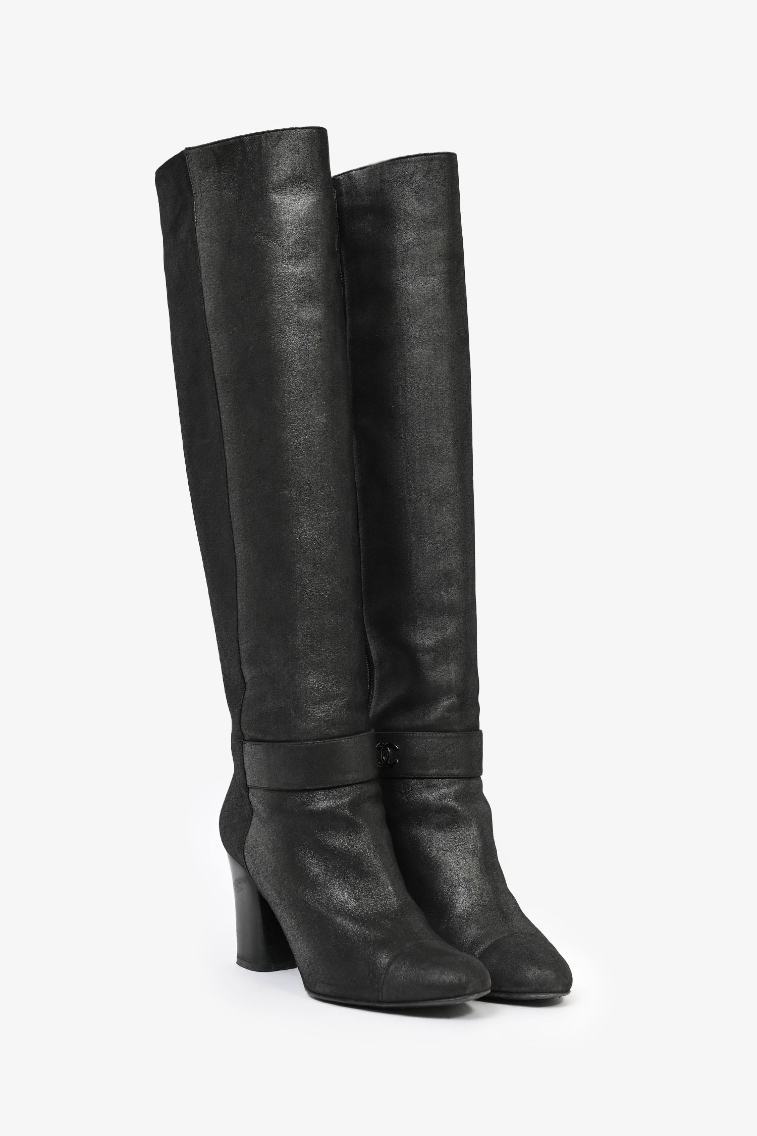 Chanel™ Metallic Black Suede High Knee Heeled Boots Size 39.5