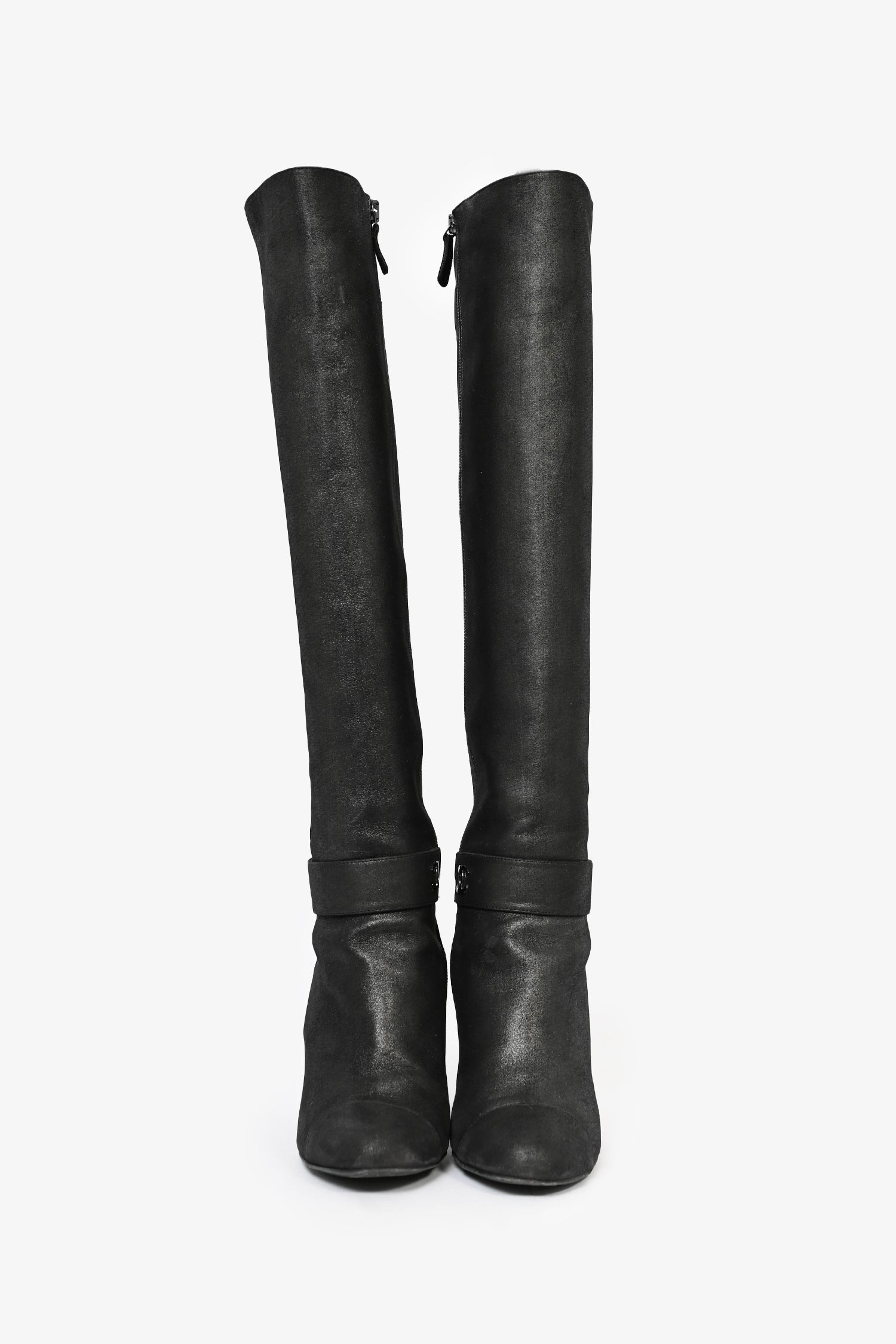 Chanel™ Metallic Black Suede High Knee Heeled Boots Size 39.5