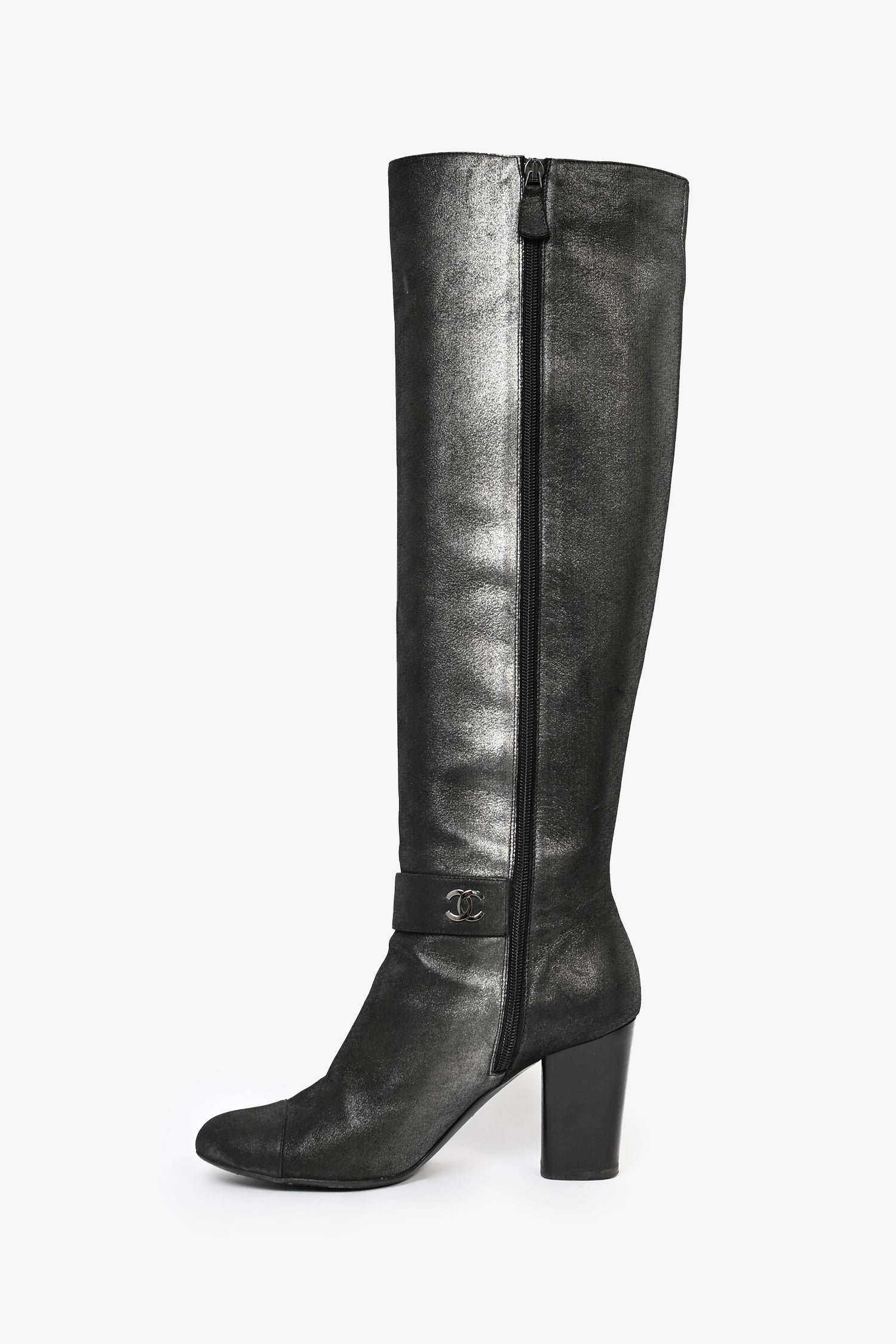 Chanel™ Metallic Black Suede High Knee Heeled Boots Size 39.5