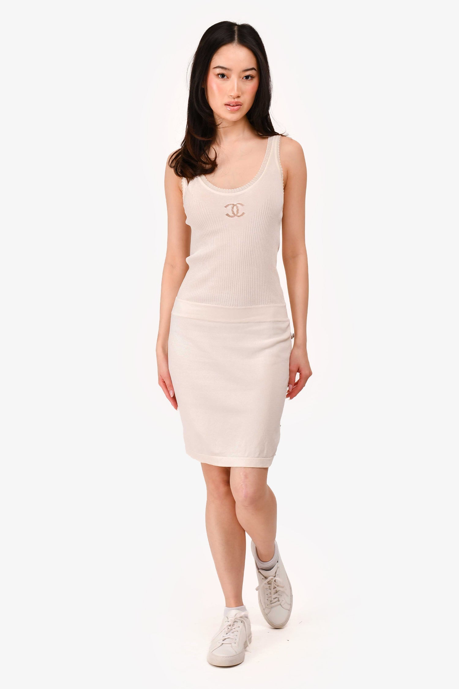 Chanel™ Cream Ribbed CC Logo Midi Dress Size 36 (As Is)