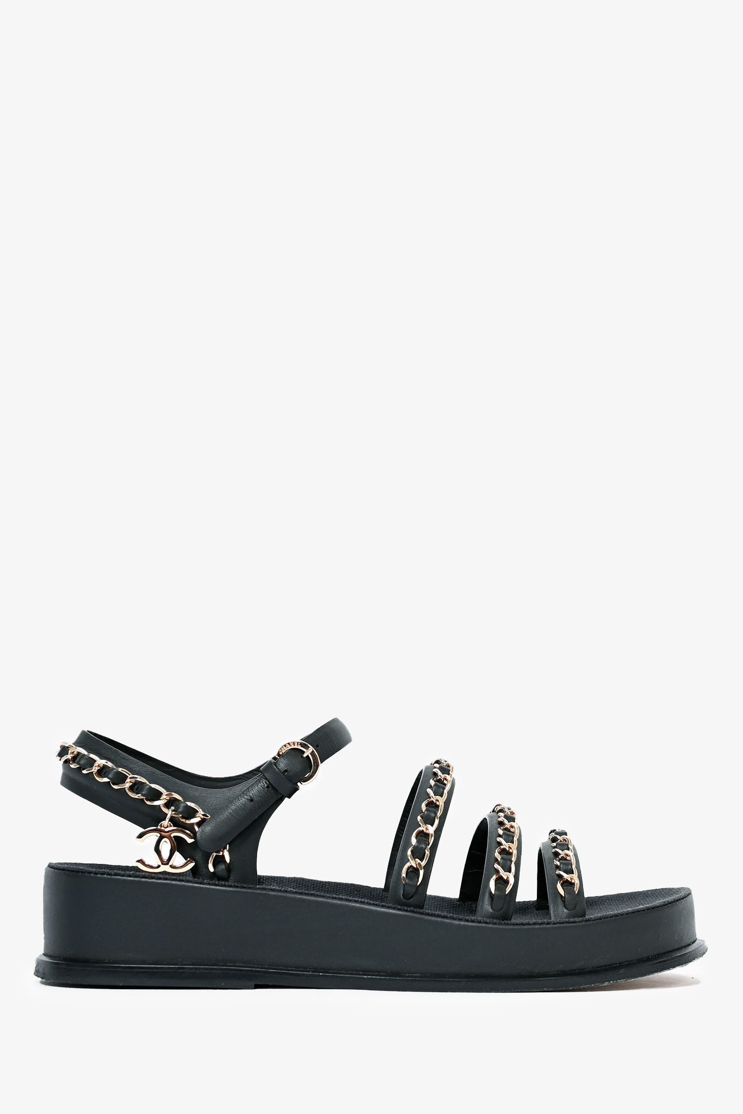 Chanel™ Black Leather Chain Embellished Sandals Size 35 (As Is)