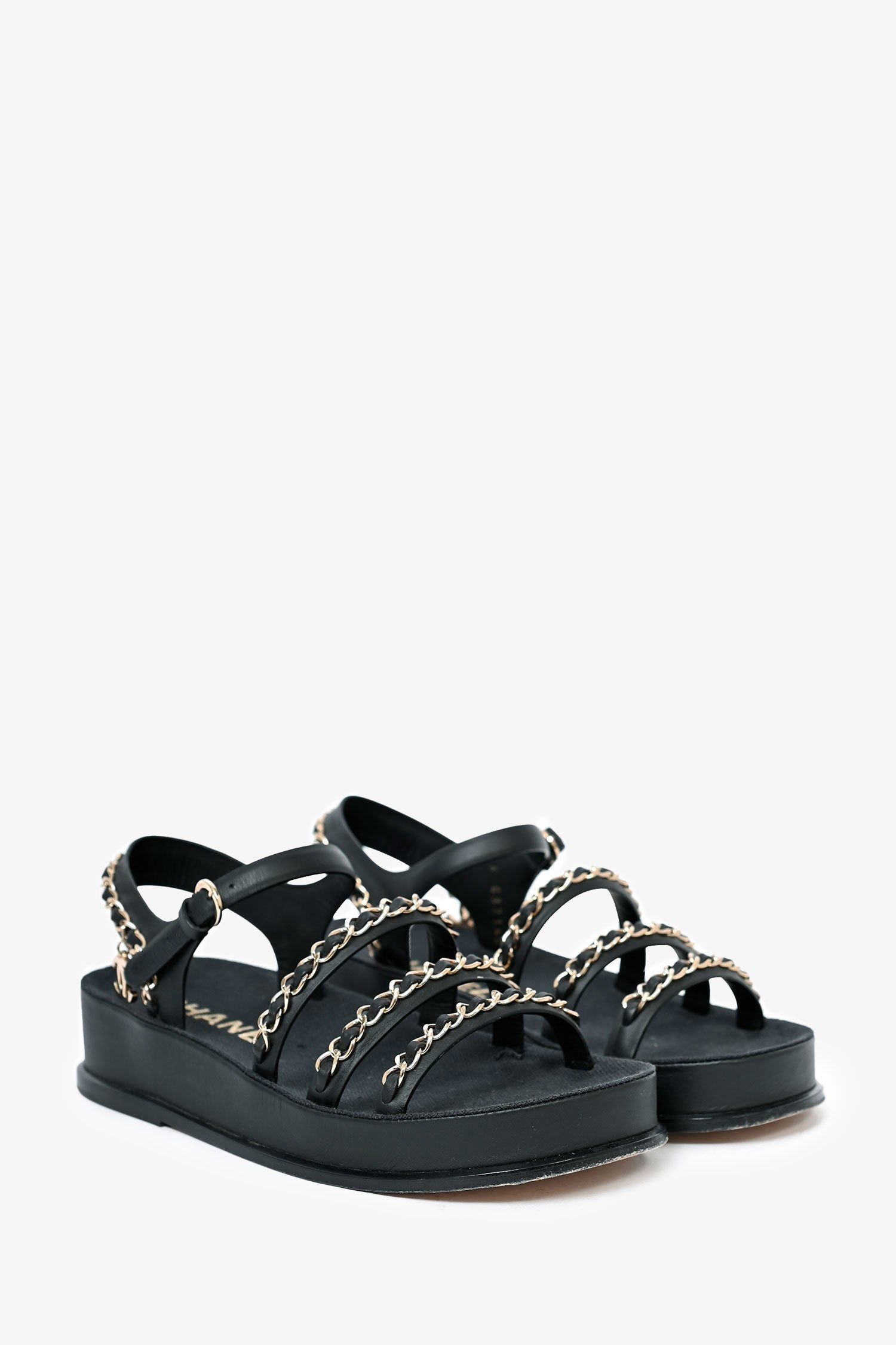 Chanel™ Black Leather Chain Embellished Sandals Size 35 (As Is)