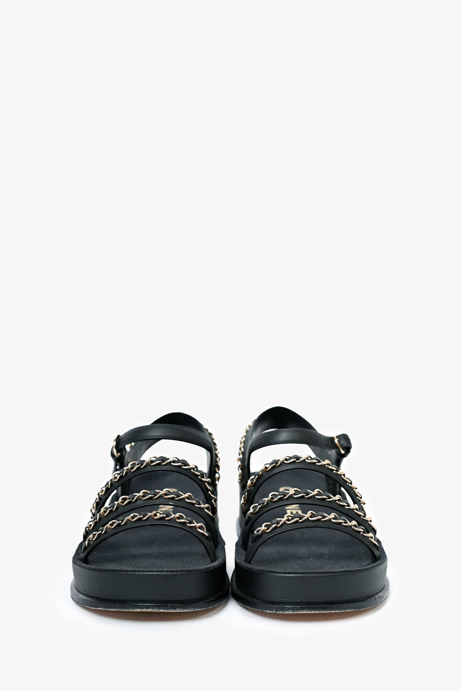 Chanel™ Black Leather Chain Embellished Sandals Size 35 (As Is)