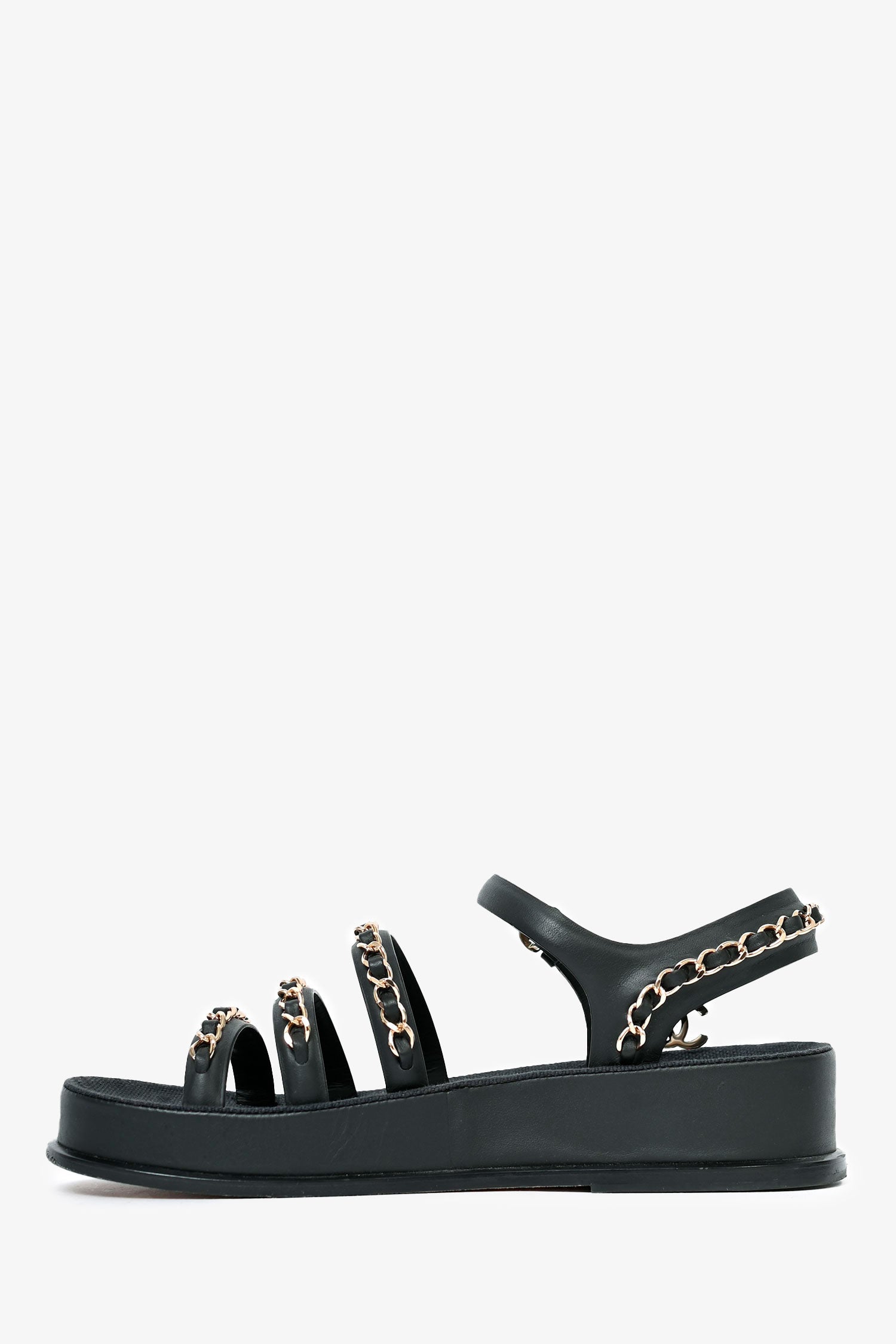 Chanel™ Black Leather Chain Embellished Sandals Size 35 (As Is)