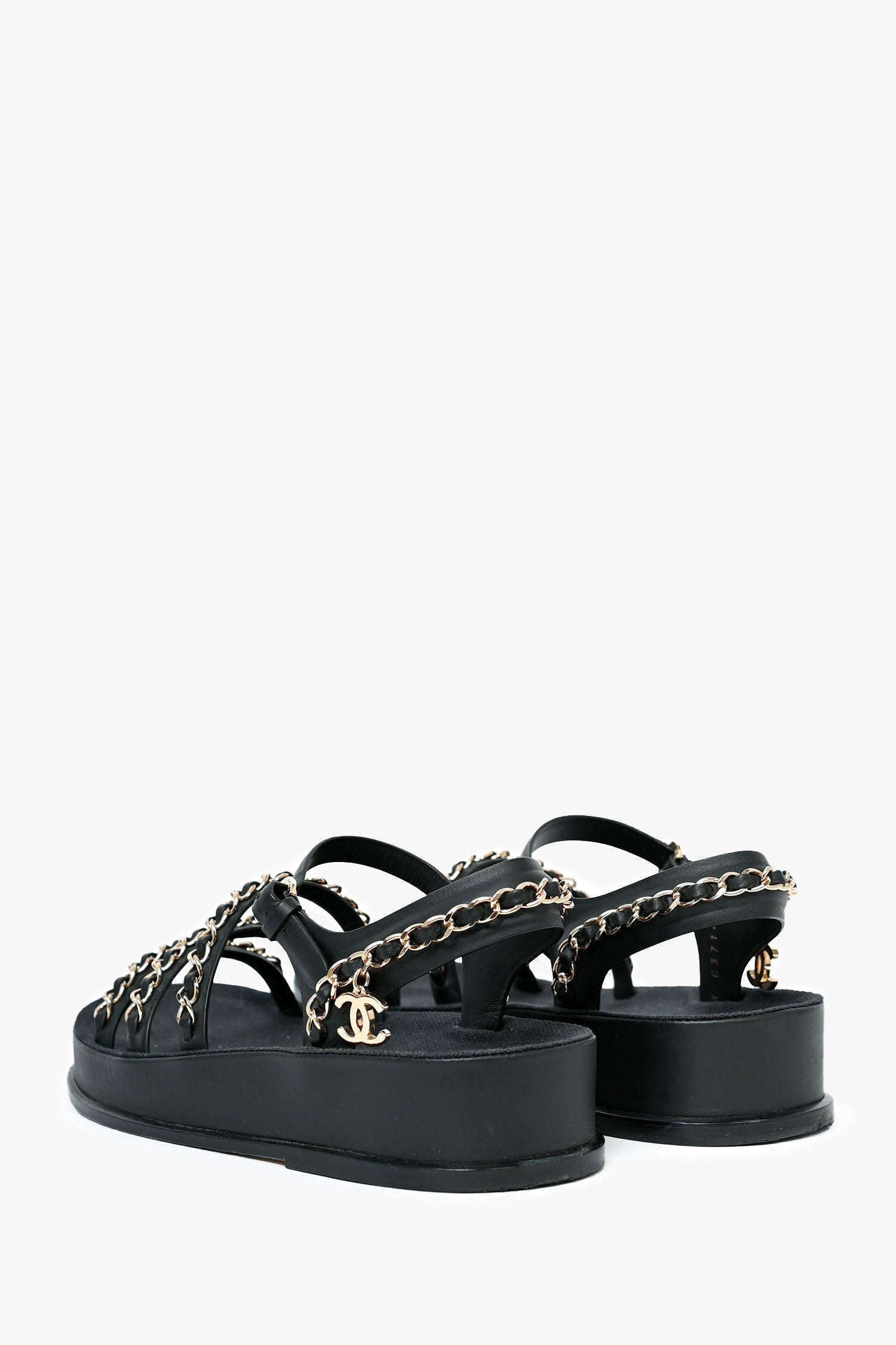 Chanel™ Black Leather Chain Embellished Sandals Size 35 (As Is)