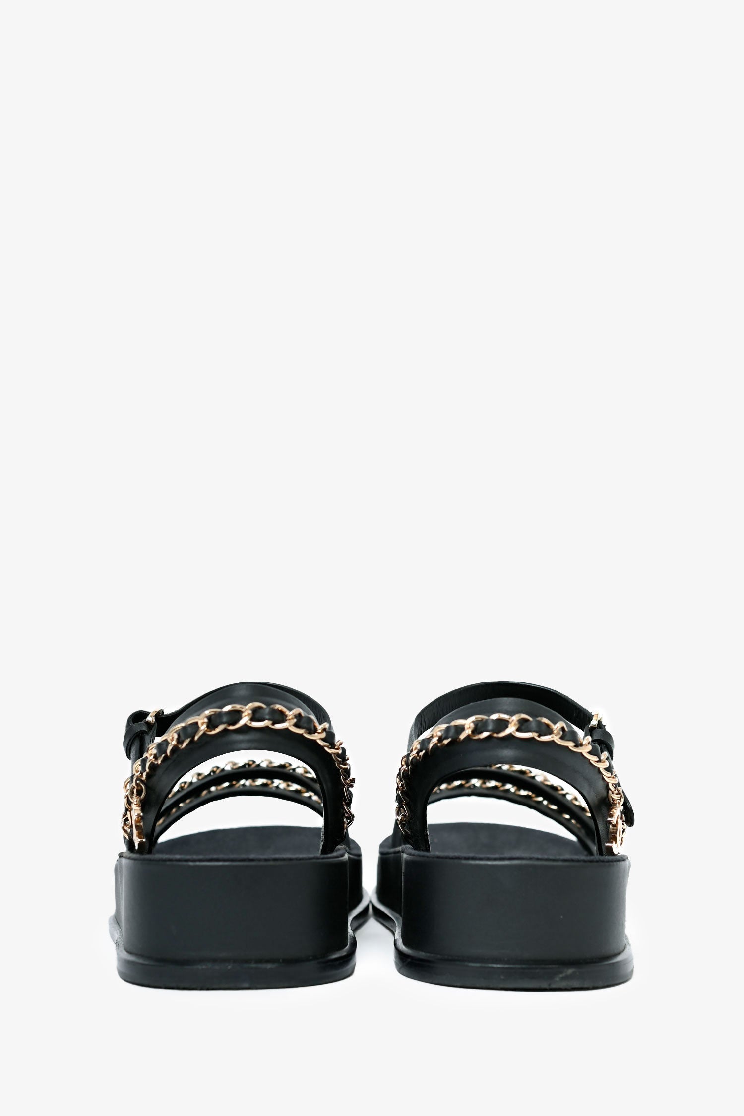 Chanel™ Black Leather Chain Embellished Sandals Size 35 (As Is)
