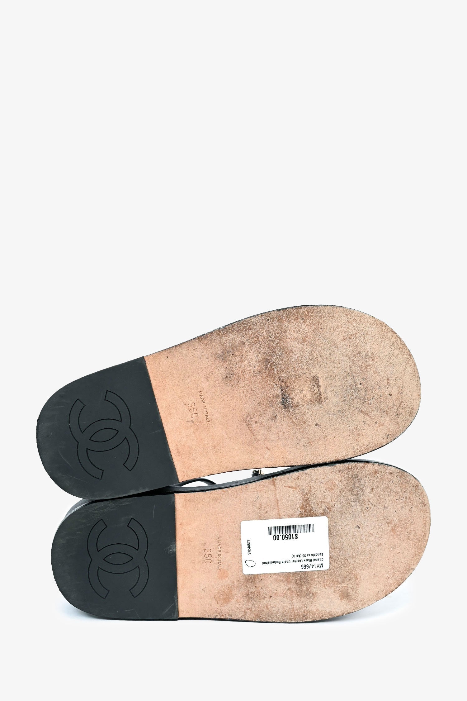 Chanel™ Black Leather Chain Embellished Sandals Size 35 (As Is)
