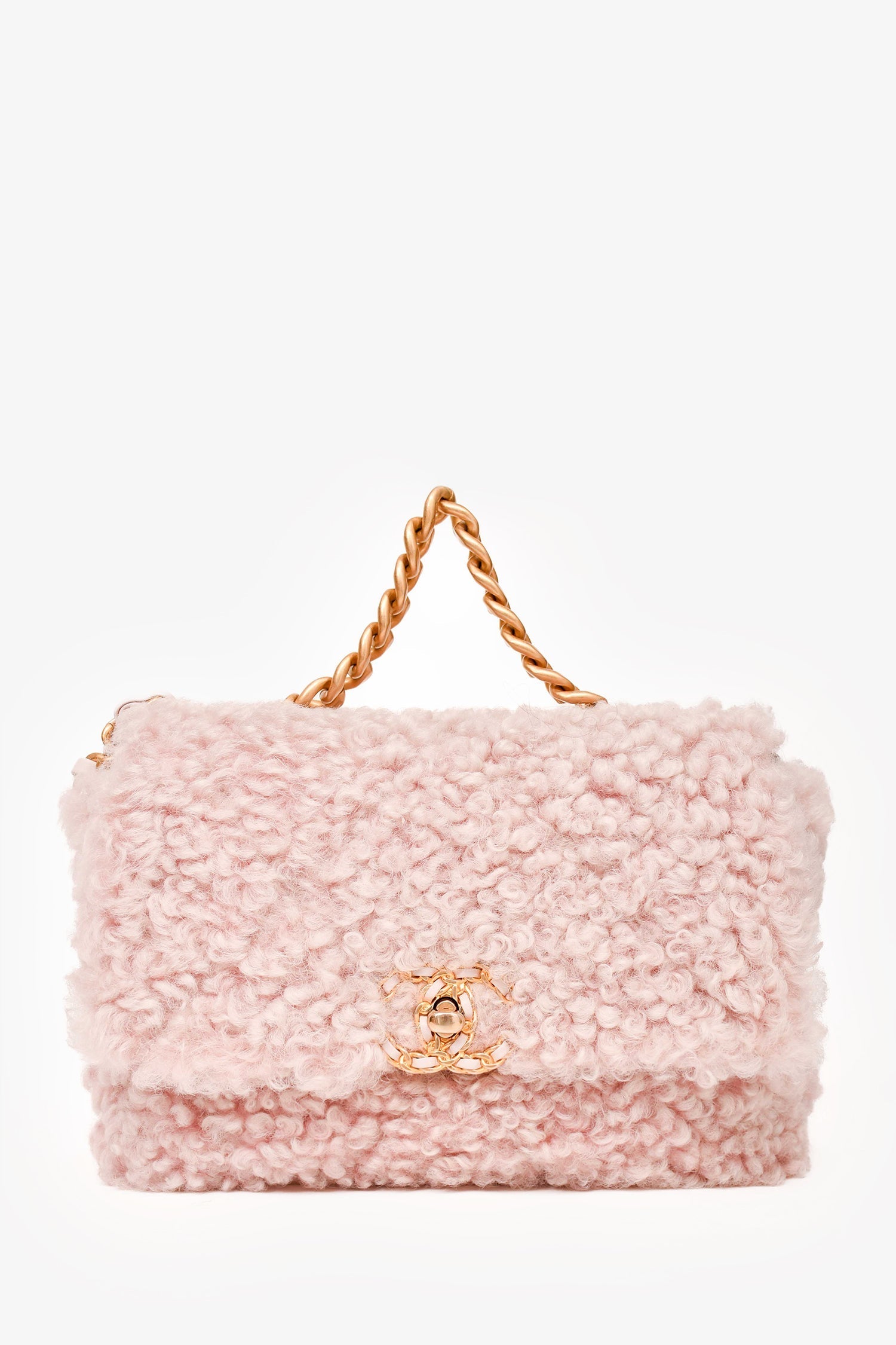 Chanel™ 2021 Pink Shearling 'Chanel 19' Medium Flap Shoulder Bag