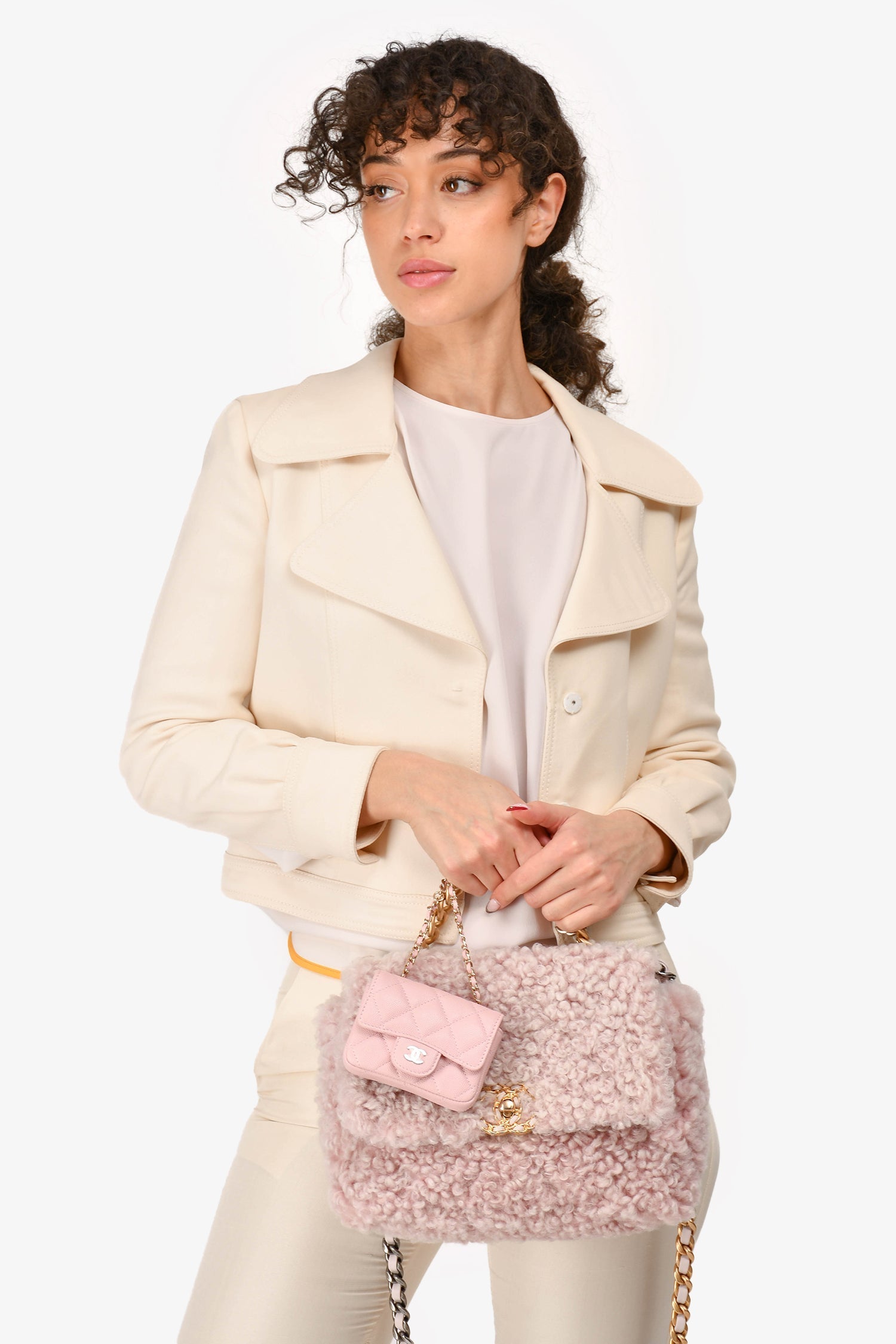 Chanel™ 2021 Pink Shearling 'Chanel 19' Medium Flap Shoulder Bag