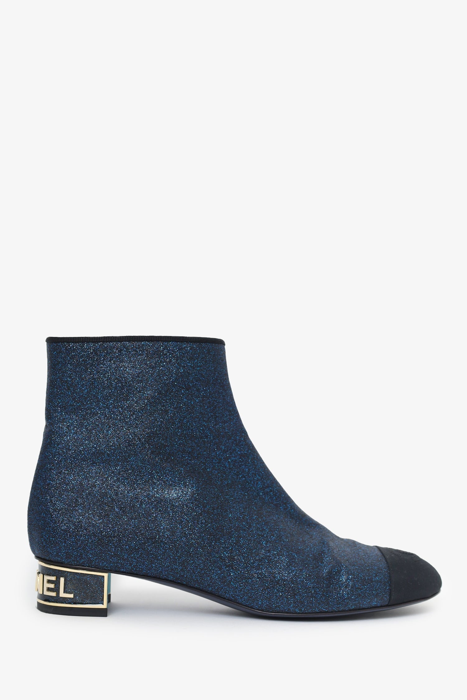 Chanel™ Black/Navy Blue Sparkly Cap Toe Ankle Boots Size 39