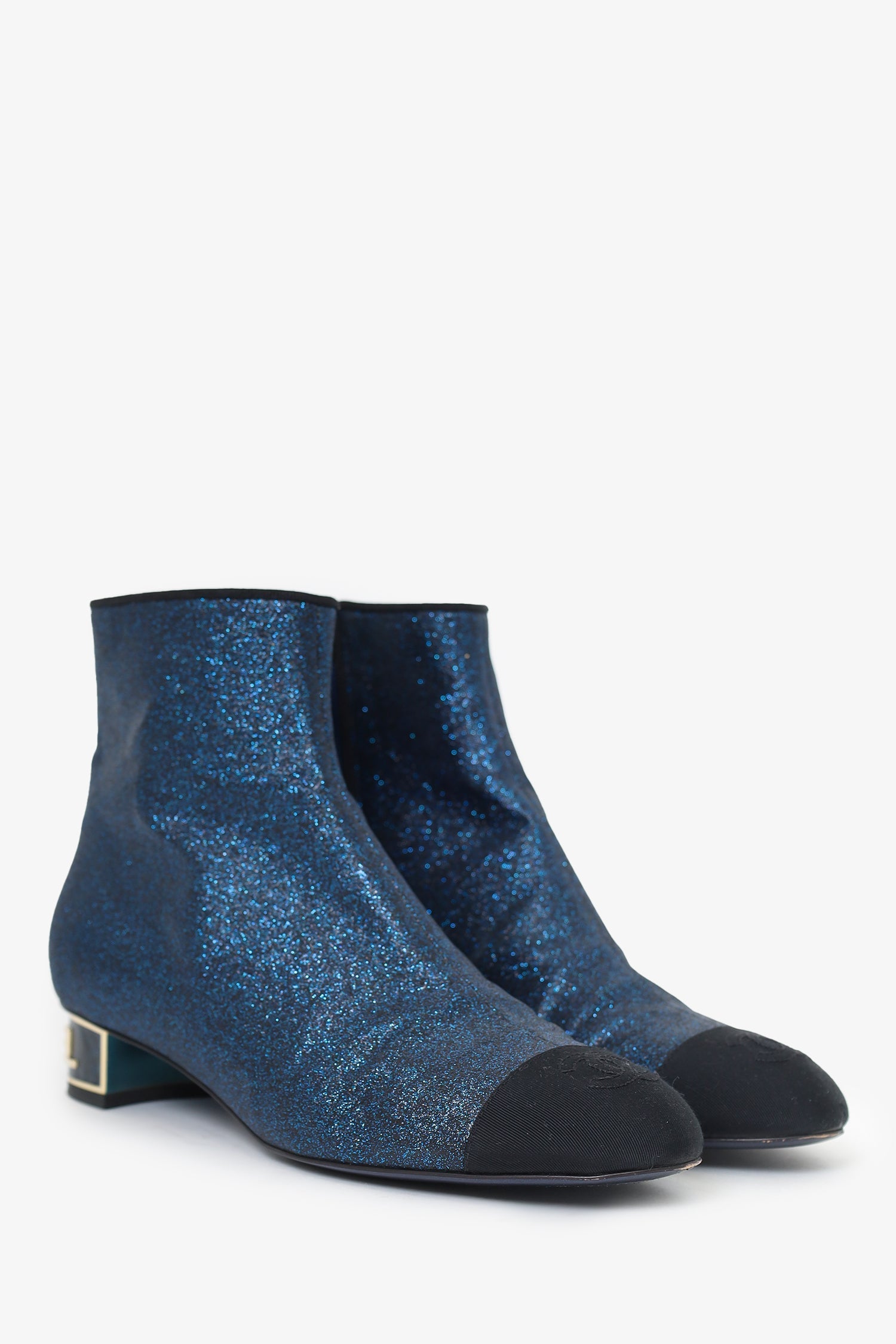 Chanel™ Black/Navy Blue Sparkly Cap Toe Ankle Boots Size 39