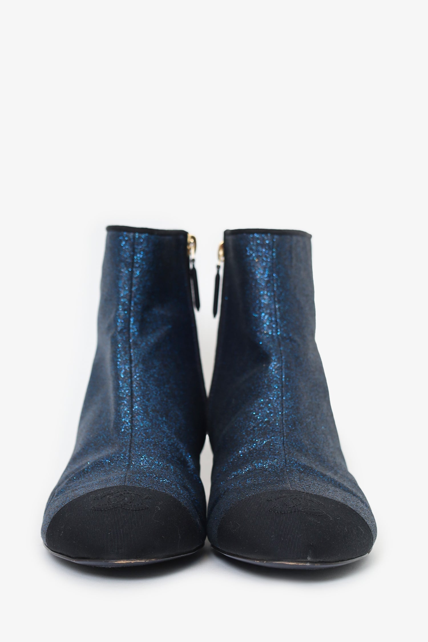 Chanel™ Black/Navy Blue Sparkly Cap Toe Ankle Boots Size 39