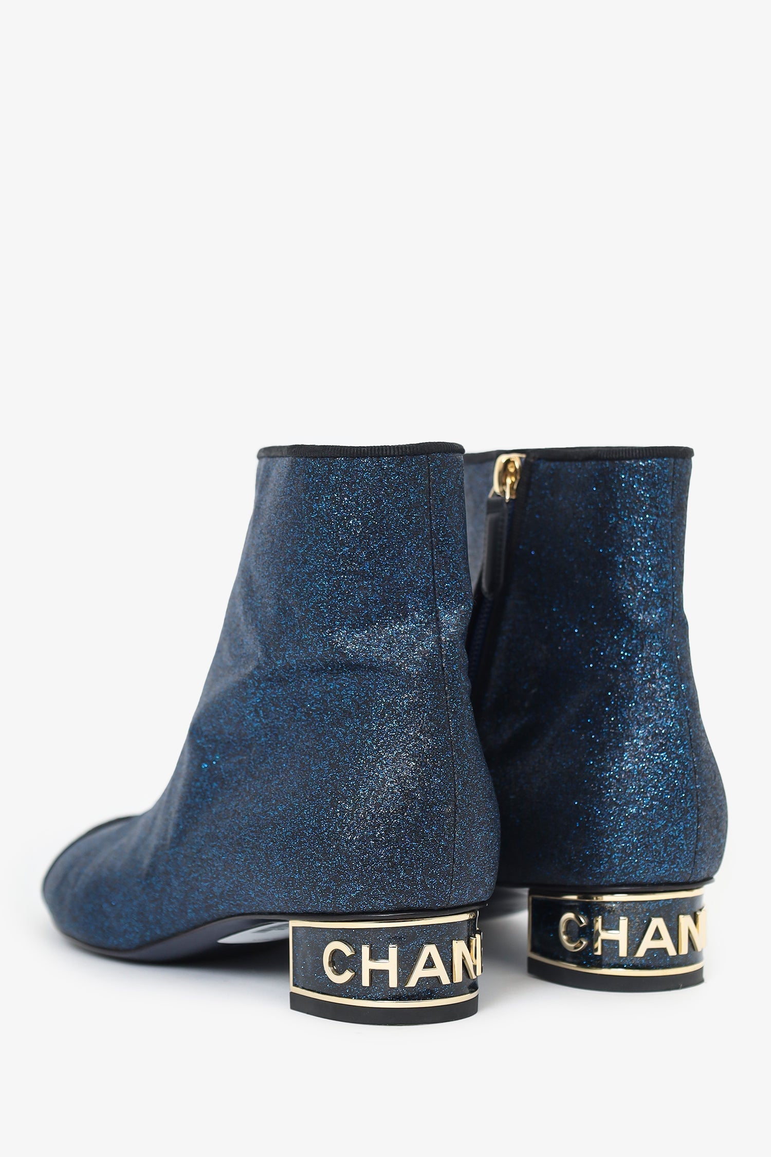 Chanel™ Black/Navy Blue Sparkly Cap Toe Ankle Boots Size 39