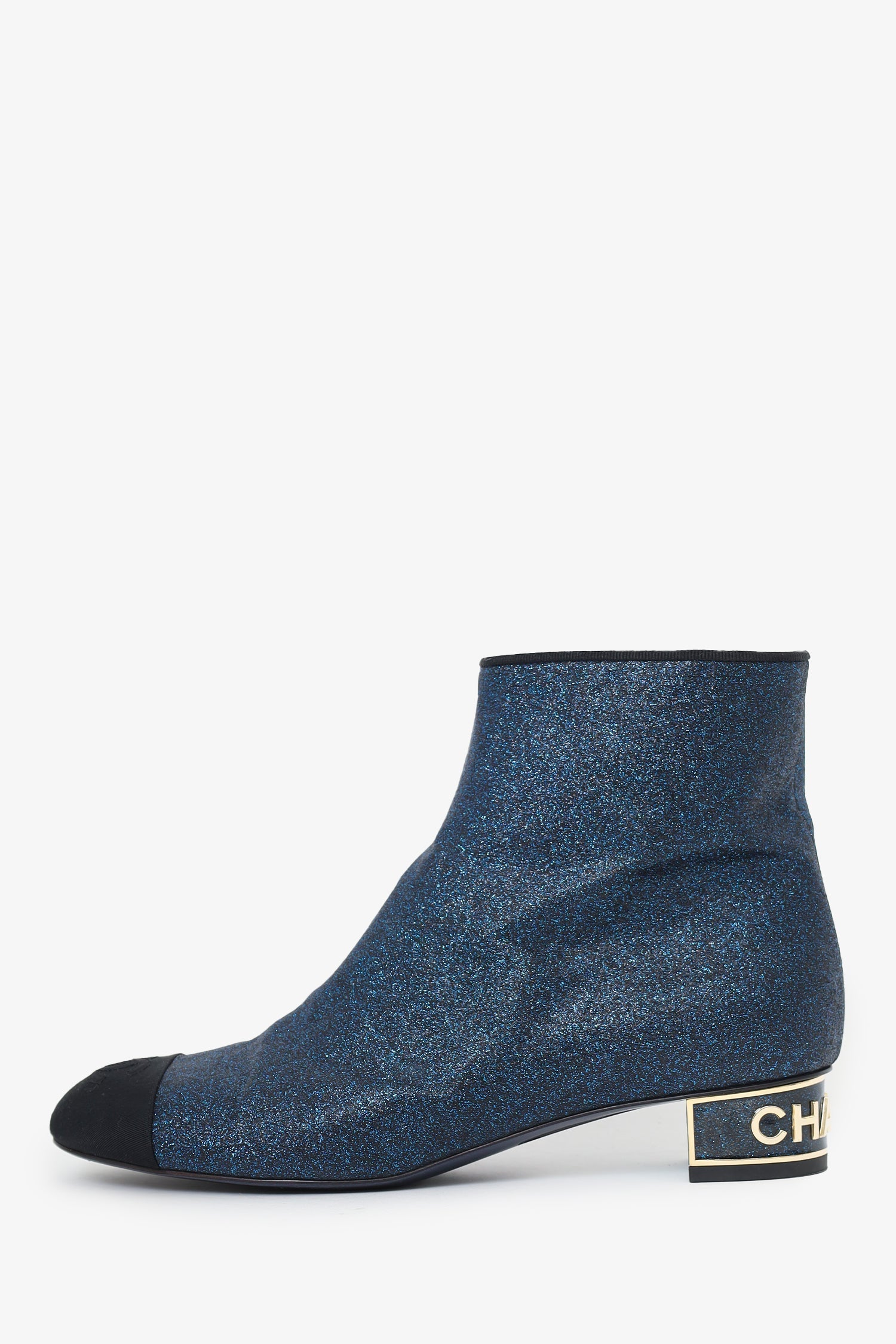 Chanel™ Black/Navy Blue Sparkly Cap Toe Ankle Boots Size 39