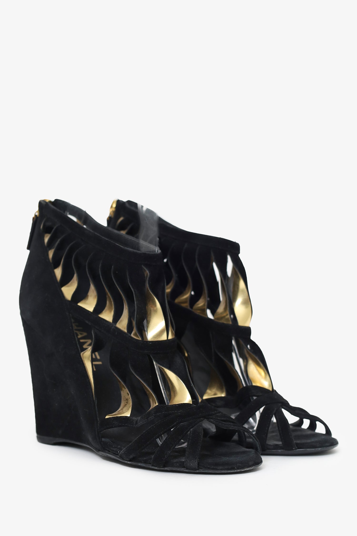 Chanel™ Black/Gold Suede Wedges Size 37
